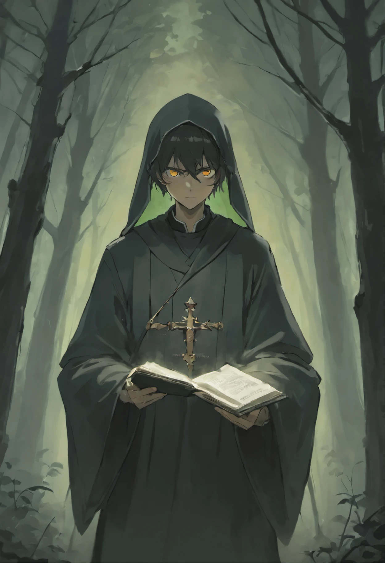 "Paint a portrait of a man who appears to be a youthful 18-year-old but is actually 38. Features include one pitch-black eye that looks haunting. He is cloaked in a dark garment, clutching an ancient-looking sheepskin book to his chest. In his other hand, he holds an open pocket watch displaying a photograph of a nun. His stare at the photo is intensely deep. The background is a dark, misty forest with twisted trees, creating an unsettling atmosphere akin to the surroundings of the hunchback of Notre Dame's lair.