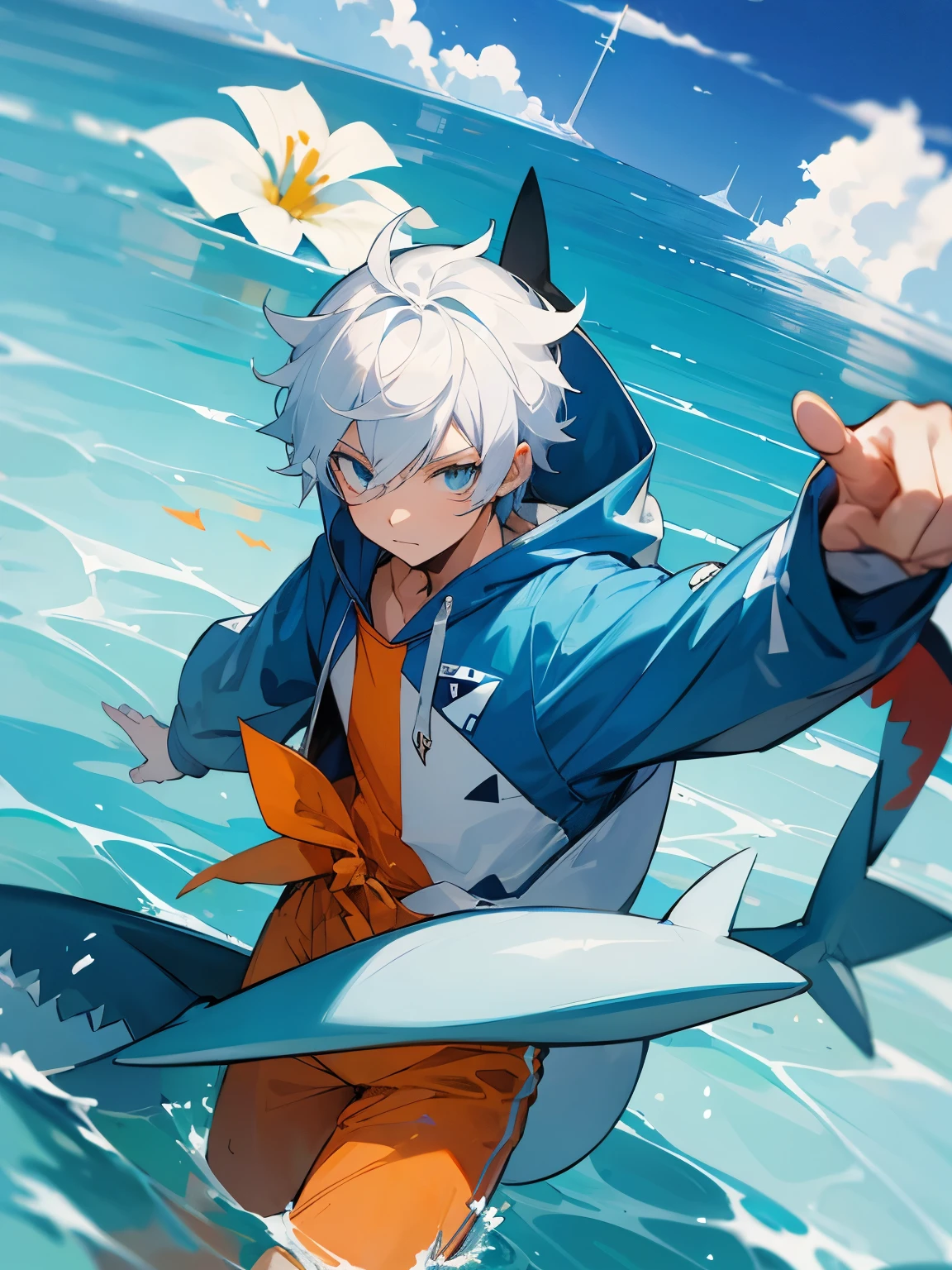 human merman, black skin, medium white hair, shark fin on back, blue eyes, black clothes, deep sea, 2D, one-piece art, anime 4k, perfect outline