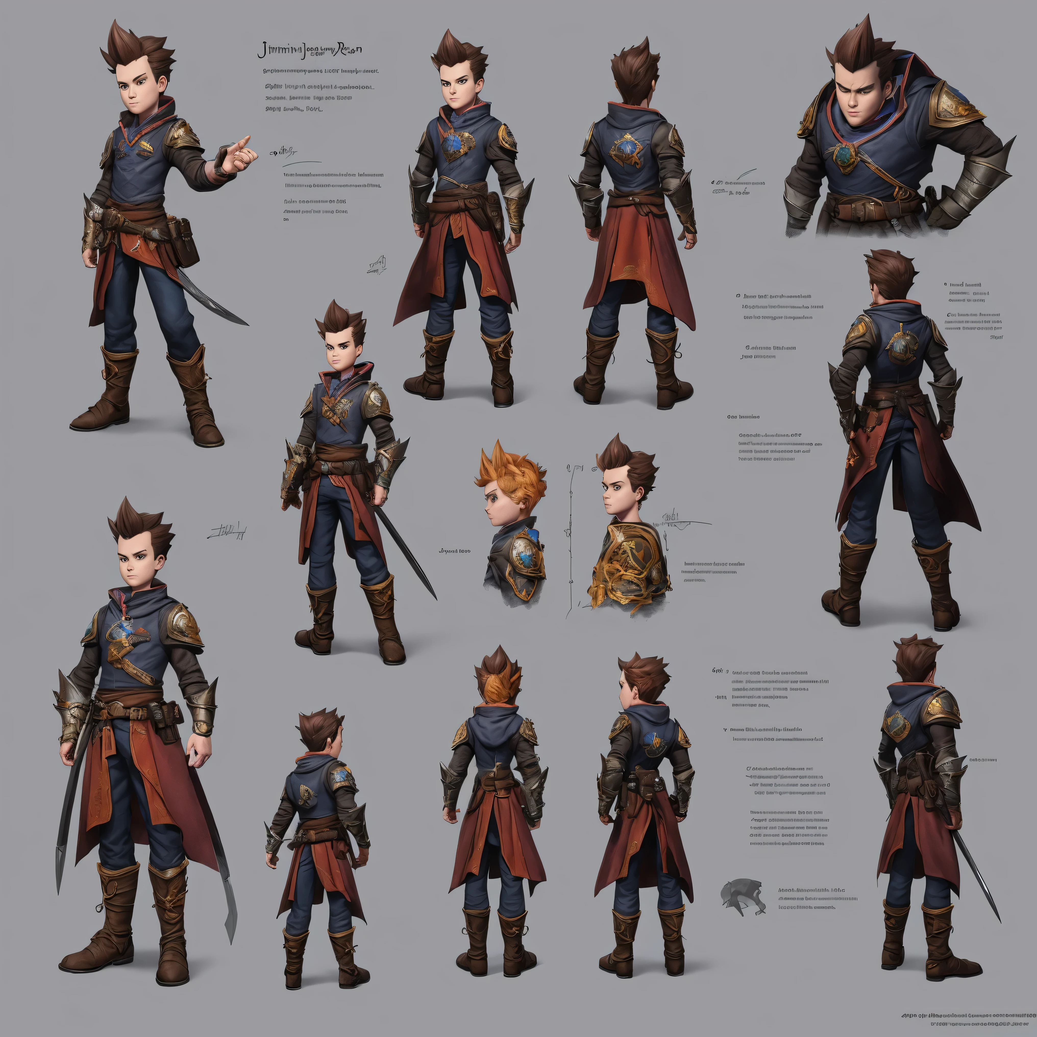 character design sheet, jimmy neutron, fantasy, medieval, vivid colours, concept art, sharp focus, digital art, Hyper-realistic, 4K, Unreal Engine, Highly Detailed, HD, Dramatic Lighting by Brom, trending on Artstation