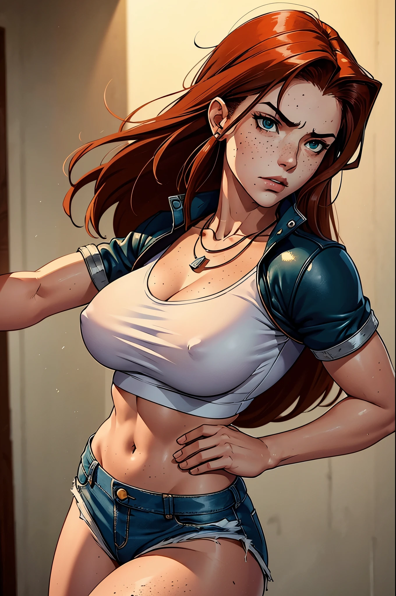 a woman fighting with a brown bomber bomber jacket, white cropped top and short denim shorts, realism, ears not visible, straight hair, big breasts, sensual body, red hair, freckles, colorful, flowing bangs in front of the eyes, sensual girl, thin girl , finished and rendered art, traditional Slavic necklace, human woman, Greek woman, inspired by Aphrodite, delicate hand, human race, straight hair, a dark mole over the mouth, freckles on the face, brown bomber jacket, Sheepskin Leather Bomber Jacket, fighting woman, inspired by terry bogard garou, inspired by axel from streets of rage 4, non-visible eyes, freeman garou mark of the wolves style bangs, eyes hidden by long hair, high collar, white cotton collar, terry bogard garou jacket, green eyes, pale skin, freckles all over the body contrasting with the skin, very long hair, short jeans azul, White wool lining