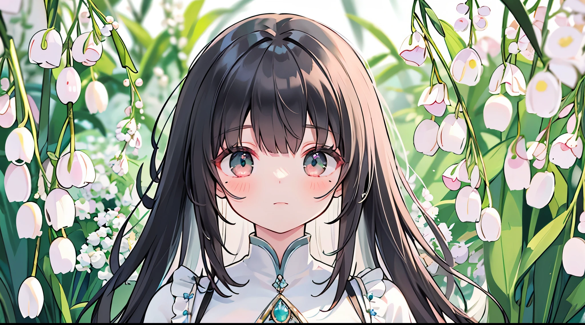 Beautiful portrait of a beautiful  girl in Lily of the valley field, Full body, Science fiction,Accessories for shoes、 A detailed eye, Art Station, Sharp Focus, Photorealsitic, 35 mm, Ultra Detail, 4 k, radiant light