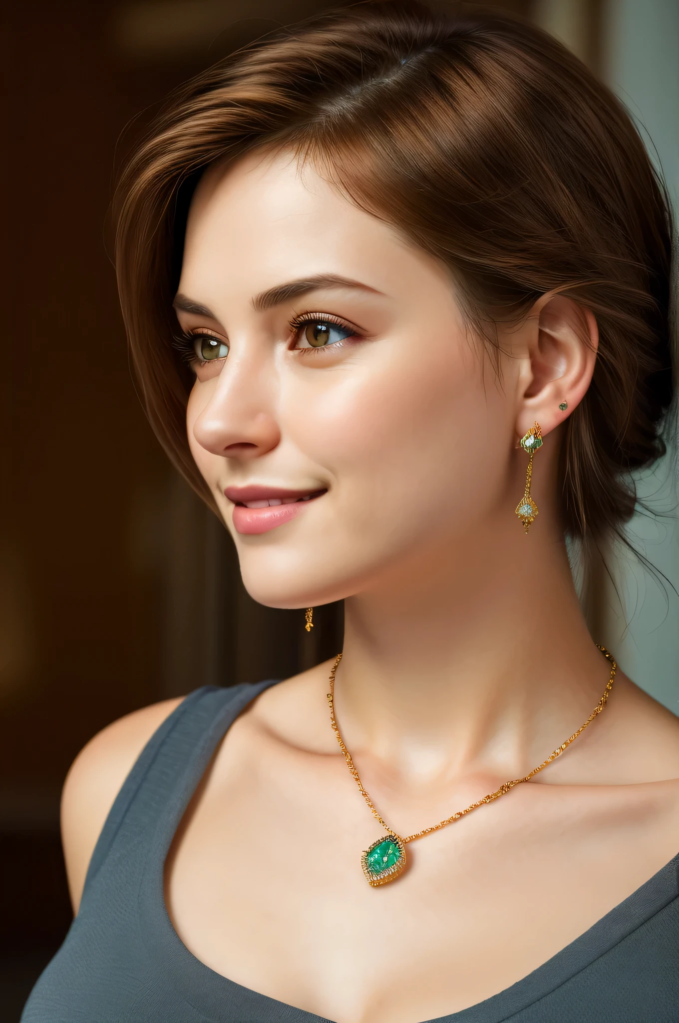 genuine, genuineistic, atmospheric scene, masterpiece, highest quality, (detailed face, skin texture details, Ultra precision body:1.1),cinematic light,
D1An31AN3-SMF, 1 girl, alone, jewelry, genuineistic, earrings, brown hair, necklace, smile, sweet