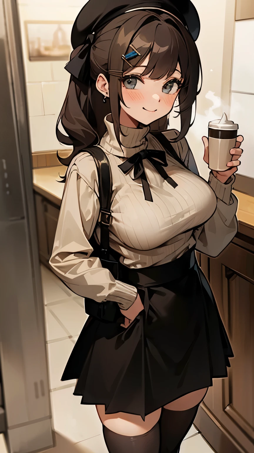 She is 25 years old, she have big breast. She wearing a beige turtleneck sweater, a black skirt, a pair of black thighhighs, a pair of boots, and a black and white beret with decorative ribbon. She have a simple hairclip and she wearing a pair of earrings. She is smiling and blushing, she standing in a coffee shop, holding a cup of coffee in both hand