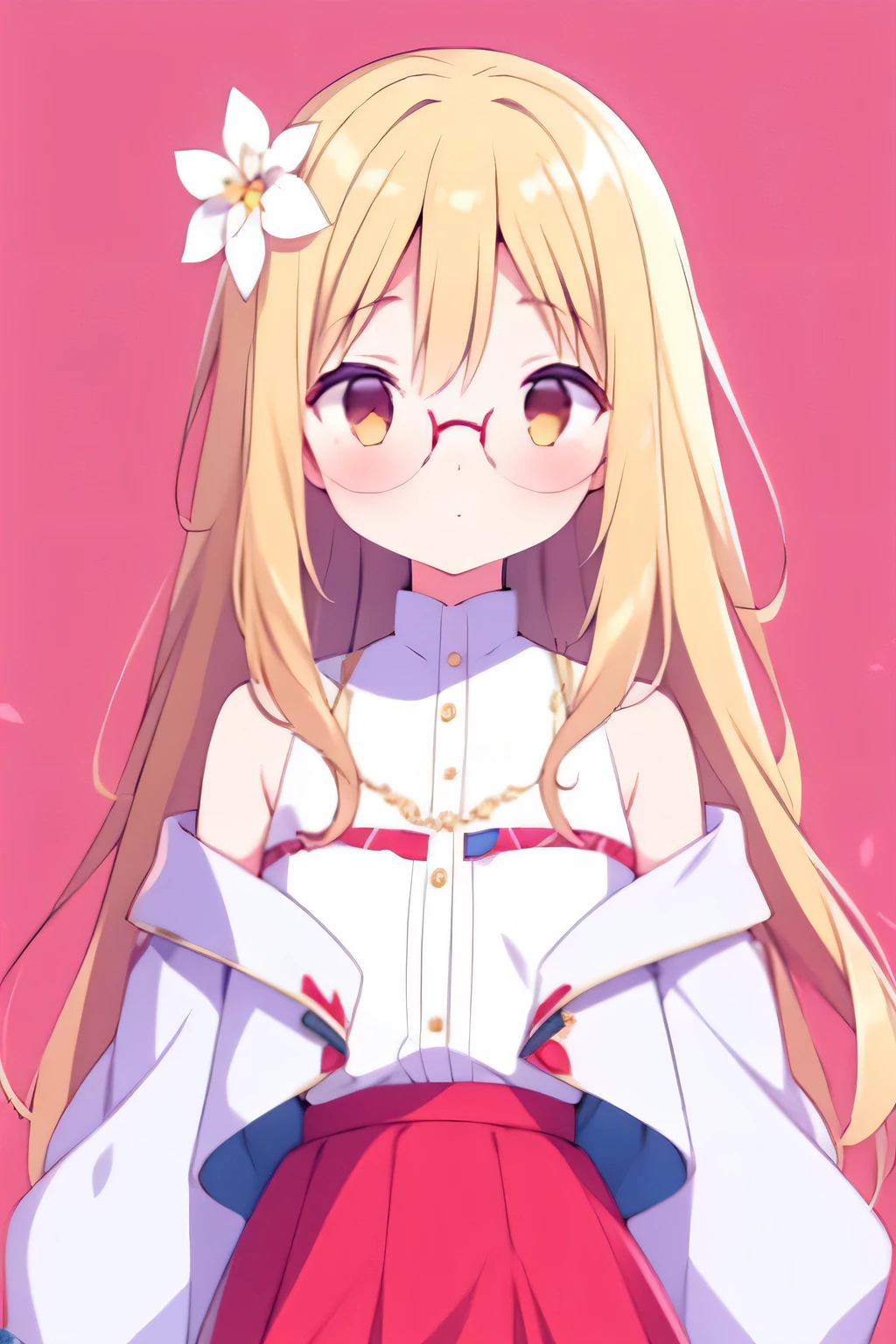 1girl, small, blonde hair, wearing white shirt, red skirt, Off The Shoulder Coats jacket, brown eyes, 8k resolutions, best quality, hair ornament on right flower, blue background, wearing round glasses, bangs, long hair