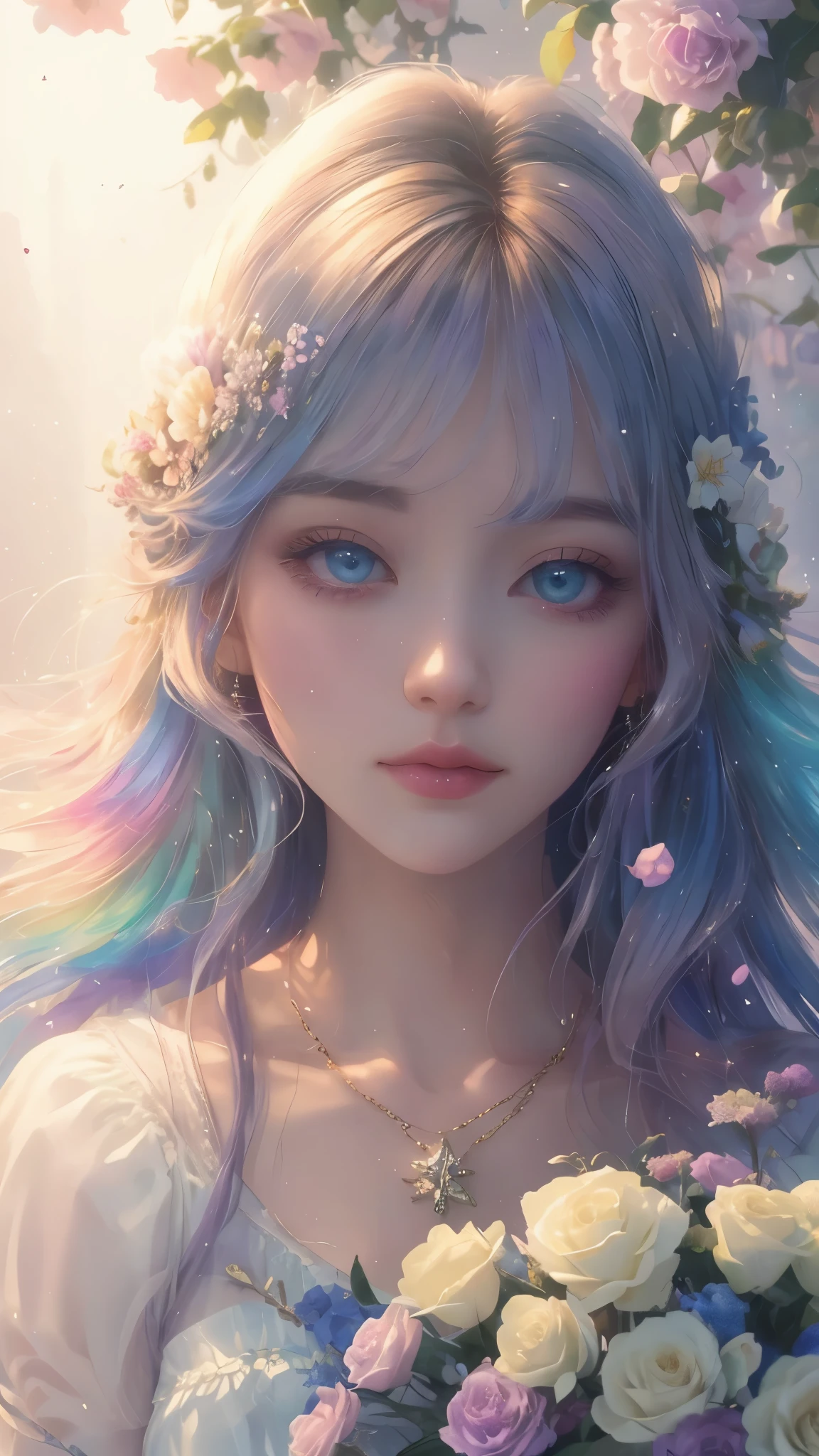 (high quality, 8k), (soft light), Rainbow-colored, one girl, detailed face, fine eyes, watercolor paiting, so magical and dreamy, dreamy and detailed, dreamy atmosphereとドラマ, gorgeous atmosphere, fantastic beautiful lighting, dreamy atmosphere, beautiful atmosphere, dreamy romantic, fantastic dreamy theme, magical atmosphere, beautiful atmosphere, anime background art, magical atmosphere + table top, dreamy aesthetics, Beautiful details with atmosphere, lots of flowers, bubble, water, flower garden