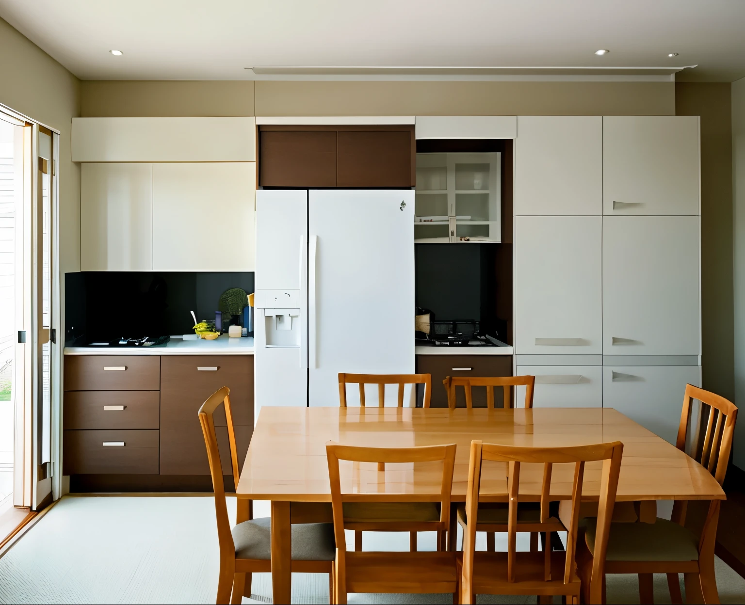 A white Japanese dining table with a refrigerator in the back, the dining table is displayed in a large size, and the overall brightness of the image is high.