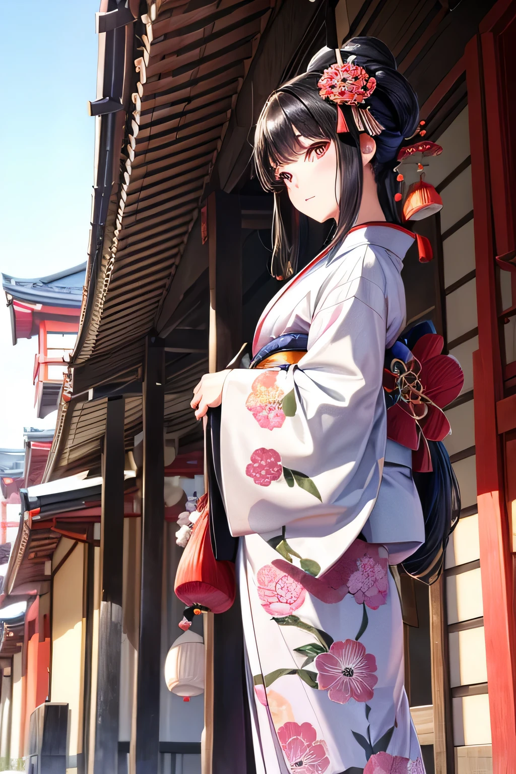 Kimono appearance、Beautiful woman、Black Hair Upstyle、((whole body))、(((photo taken from below)))、Japan townscape of the Edo period