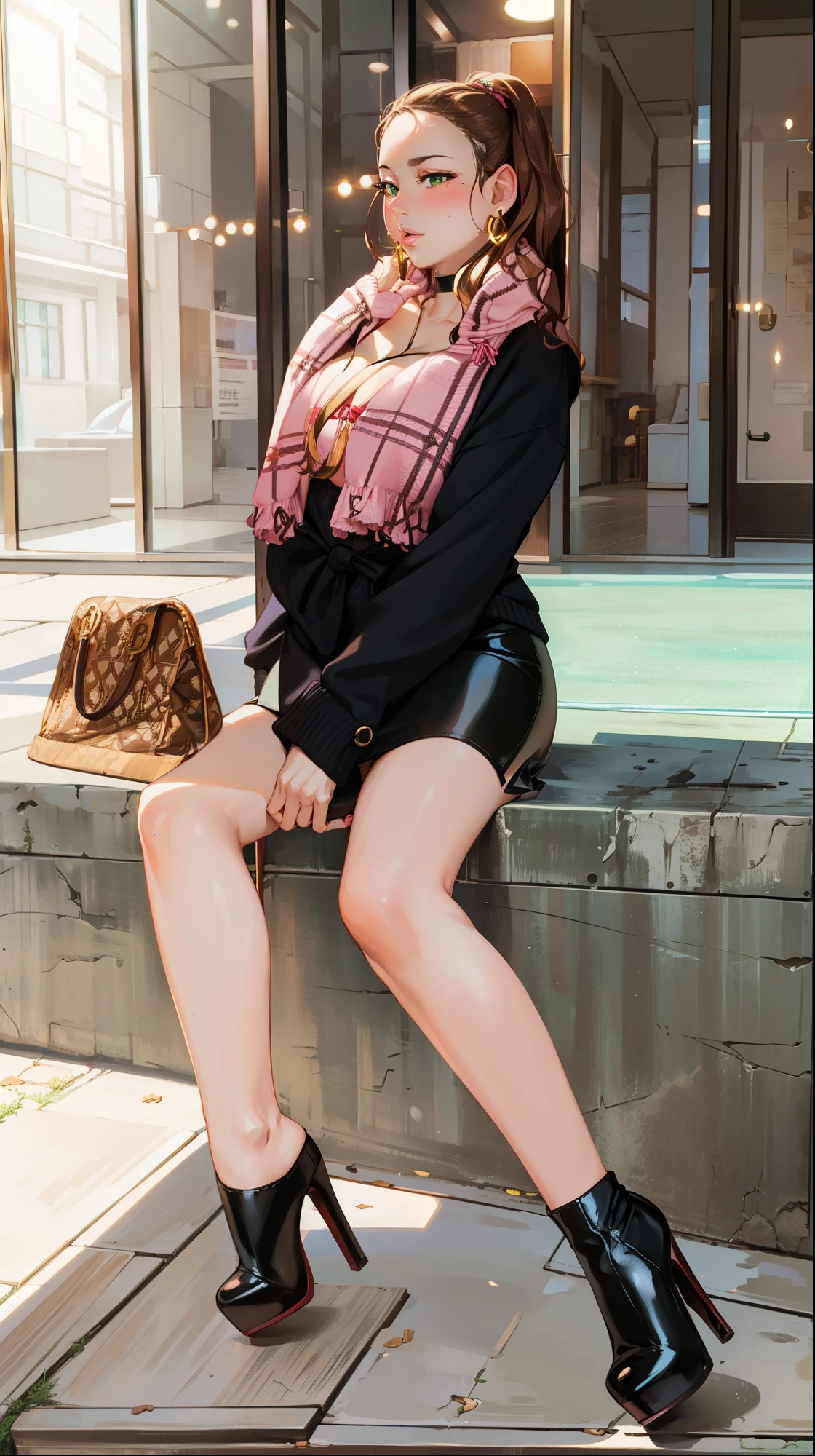 blush, smileglowing aura, natural light, masterpiece, glossy skin, juicy lips , ,sexy, hot, evil,juicy lips hour glass, , juicy lips, , slender body, small , huge ass, brown hair, green eyes, moley under eye, mole on breast, hoop earrings, pink cardigan, black pencil skirt, brown wavy hair, boots, sitting down, heels