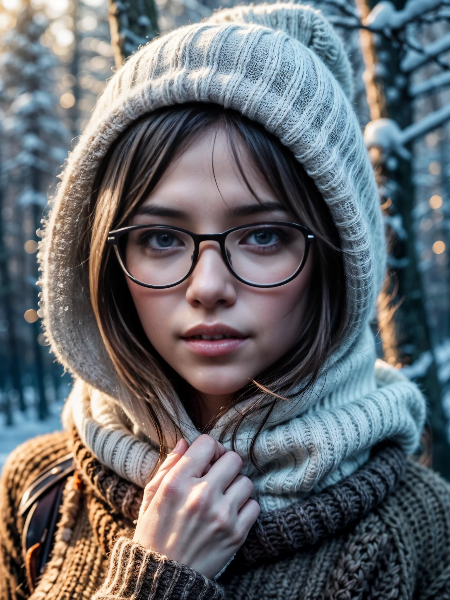 Photorealistic, (close up:1.2), low angle, (seen from below:1.1), a japanese young girls with hood, (long sleeve red sweater:1.2, bottomless), stylish yellow glasses, a hyperrealistic beautiful young girls with natural sagging breast, high detailed official artwork, beautiful girls with slim fit body and busty posture, attractive young girls (seductive poses:1.3, crossed arm hold on the breast), at bench in the natural forest with (snow:1.2), natural background, dubnitskiy david fanart, realistic portrait, smooth photorealistic, perfect visual of a cute girls, cute girls with skinice soft face, look at viewers, makoto shinkai and artgerm, photon mapping, natural light, greeney tones, vivid colors, playful ambient, foggy atmosphere