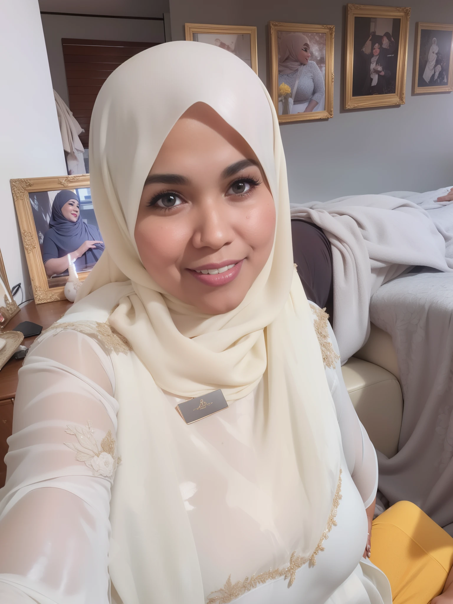 ((HIJAB)), ((YELLOW LINGERIE)), ((SHORT HIJAB)), Portrait photo of a matured chubby malay girl, curvy, (laughing:1.2), hijab,malaysian, posing, look at a camera, nerd, wear white shirt and short pleated skirt, full body, room background, big breast,nighttime, backlit, epic realistic, hyper detailed, detailed skin texture, mole below eye, natural skin texture, mole in body, insane details, intricate details, accent lighting, soft volumetric light, bokeh, (dramatic light:1.2), (neutral colors:1.3), cross process, living room background, ((detailed realistic face and eyes)), good lighting, 8K resolution, Legs Wide Open, spread Legs, lying on bed, Liquid from the Crotch, Blushing, fat,