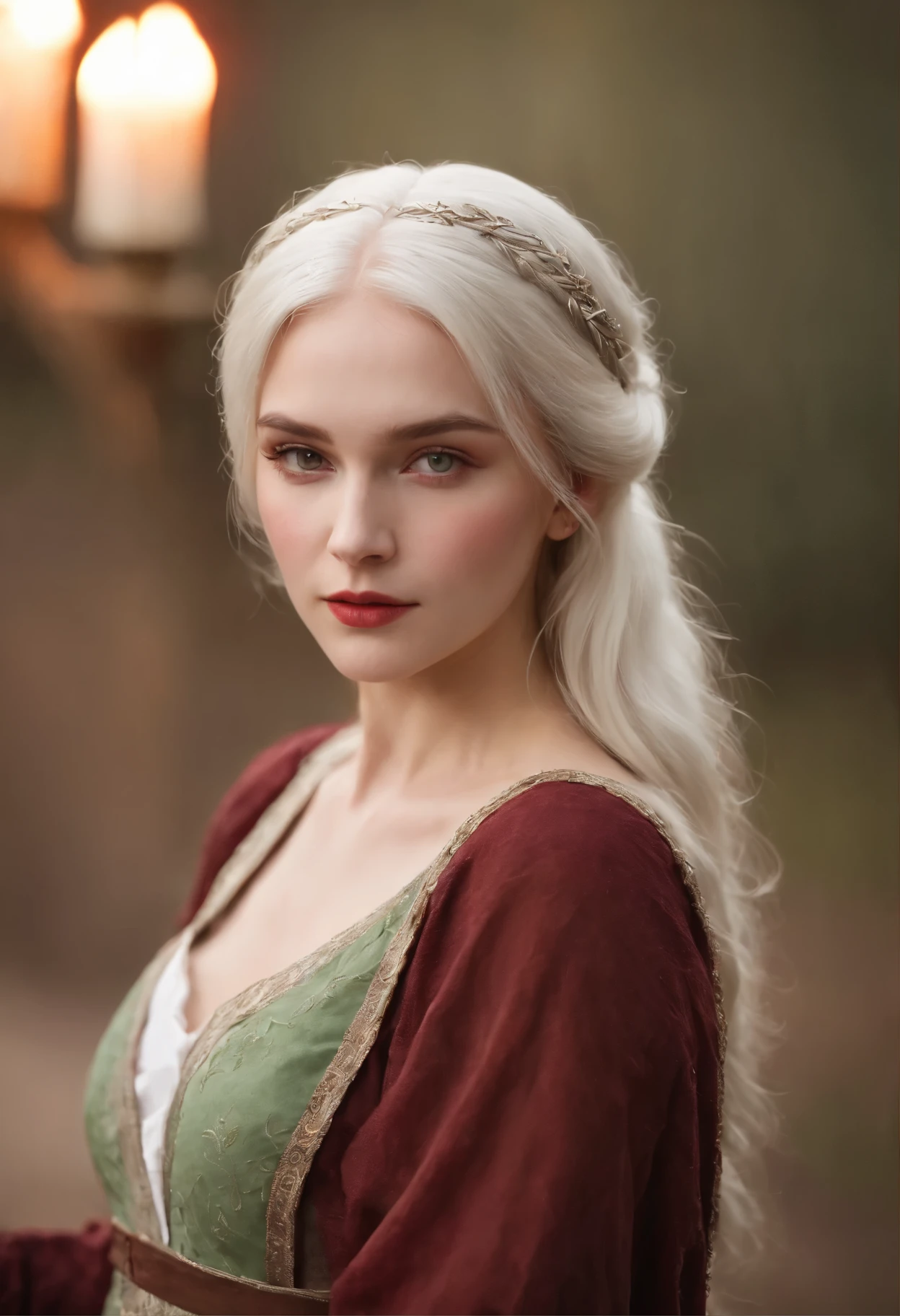 (((a deep reddish wound crosses her left cheek))) fair complexion, woman around 19 years old, natural white hair, distinctive green eyes, wearing kohl, slender and graceful, beautiful, candlelight in a medieval setting, ultra sharp focus, realistic shot, medieval male clothes, tetradic colors (scar:1.4)