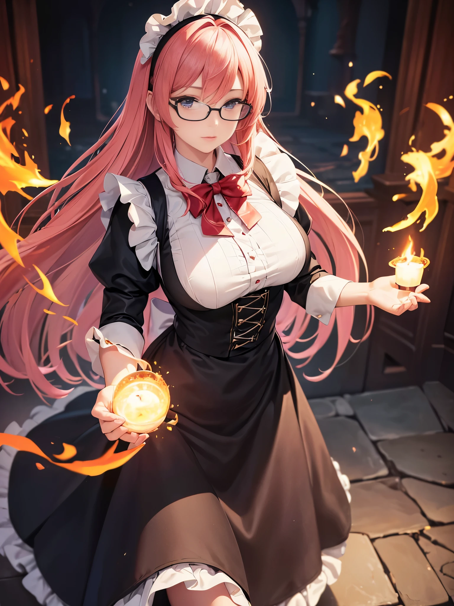 ((highest quality,4k,8k,High resolution,masterpiece:1.2,super detailed,realistic,photorealistic,photo-realistic:1.37)),(((A maid in a long skirt who can control flames))),(pink long hair,Black-rimmed glasses,Long skirt maid clothes),(huge tit,Tall),from front,look at viewer,A dark chapel lined with candles,Pyrokinesis