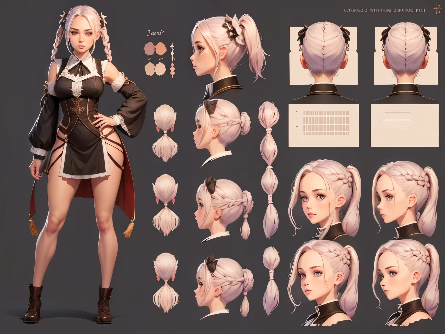 Character Design Sheet , a gorgeous woman, braided pigtails , character reference sheet, character turn around