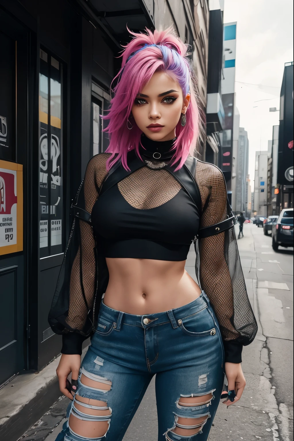 In the image, a influencer exudes an aura of rebellious confidence, pushing the limits with both her attitude and attire. She stands defiantly against a gritty urban backdrop, her demeanor daring and unapologetic. Her attire speaks volumes about her fearless persona. Underneath, a sheer mesh top reveals hints of edgy tattoos, adding to her mystique. Pairing it with distressed skinny jeans and combat boots, she embodies the essence of street style rebellion. Her hair, dyed in bold hues of neon pink and electric blue, is styled in a messy yet intentional manner, reflecting her disregard for conventional beauty standards. Dark eyeliner and matte lipstick add a touch of intensity to her look, enhancing her fierce gaze. With a smirk playing on her lips, she challenges societal norms and expectations with every step she takes. She is not just a trendsetter; she is a trailblazer, fearlessly carving her own path and inspiring others to embrace their individuality without reservation.