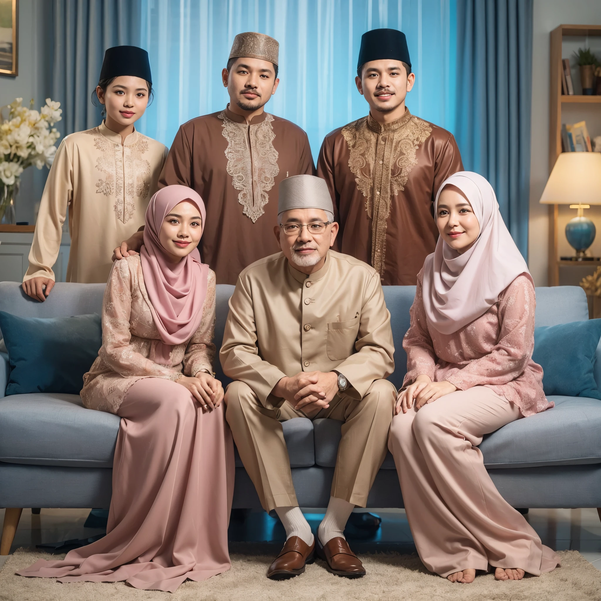 Family photo from Indonesia, father and mother aged 55, two men aged 35, and one woman aged 30, they are all wearing coordinated white Muslim batik clothes and matching long blue dresses, wearing hijabs, in the background of a luxurious living room, embracing each other, striking a professional pose, best photography, detailed, ultra HD, masterpiece, 8K