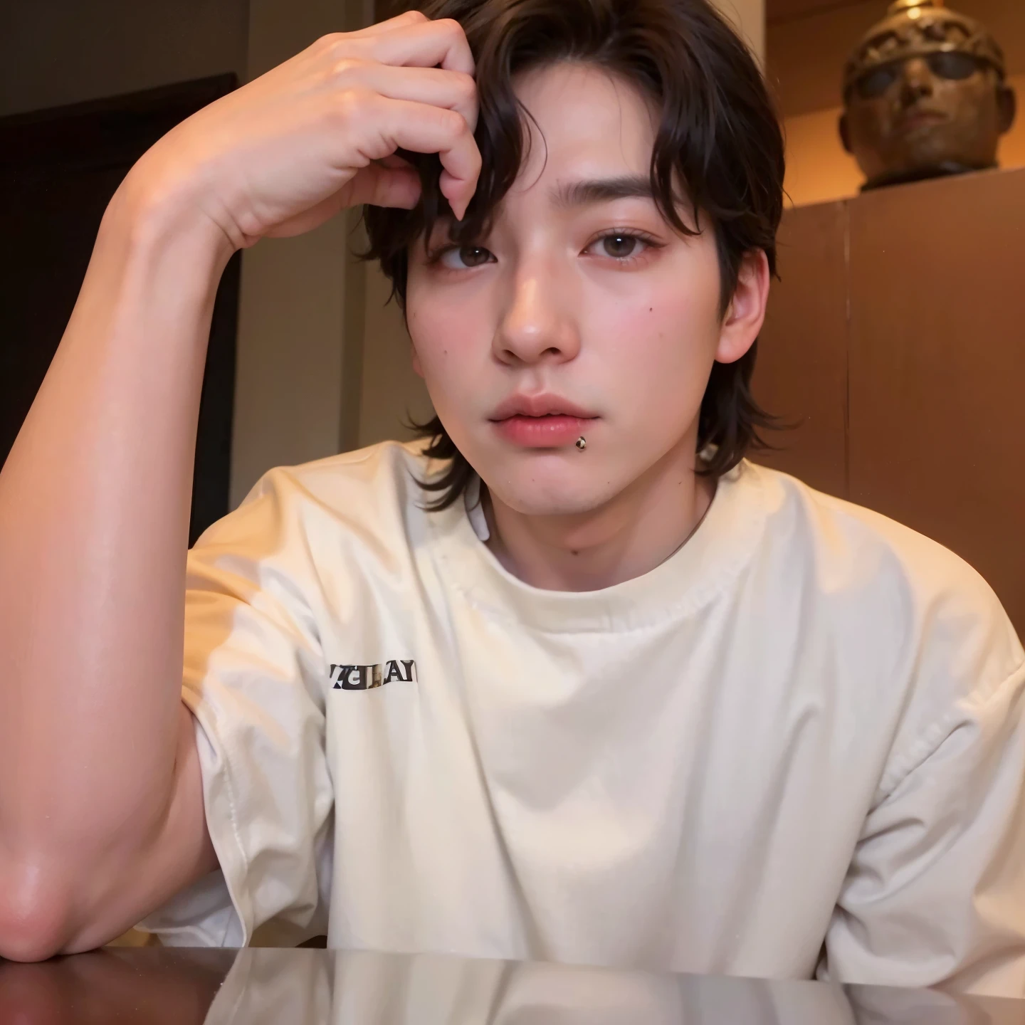there is a man sitting at a table with a hairbrush in his hand, Jungkook, xqc, Taehyung comendo batatas fritas Gucci, your palms are sweaty, adorable and pale korean face, Cai Xukun, lv, brilhante da chuva, ele tem cerca de 30 anos, ele tem cerca de 3 0 anos, giga chad chorando, hyung tae, taejune kim