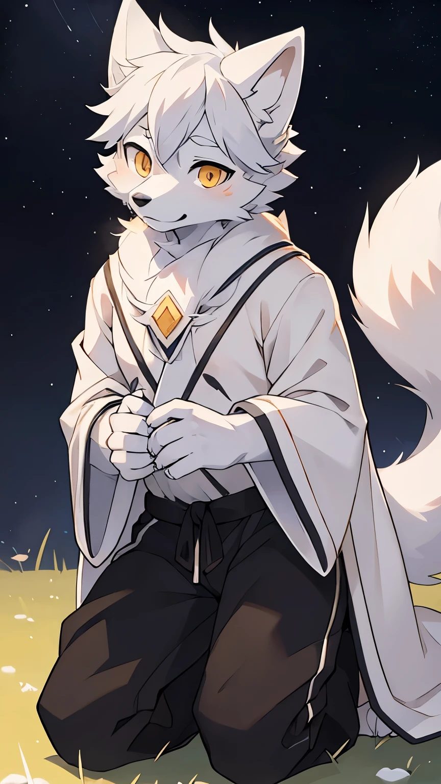 the only person，(male arctic fox:1.5), (white skin:1.3), hairy，(white fur:1.3),((golden pupils)) ,(gray ears),(hairy 动物 耳朵s)，The whole body is covered with hair，Wearing black magician&#39;s robe，black magician pants，Kneel down on one knee on the grass，Behind is a starry sky，facial focus，Detailed face，Detailed eyes