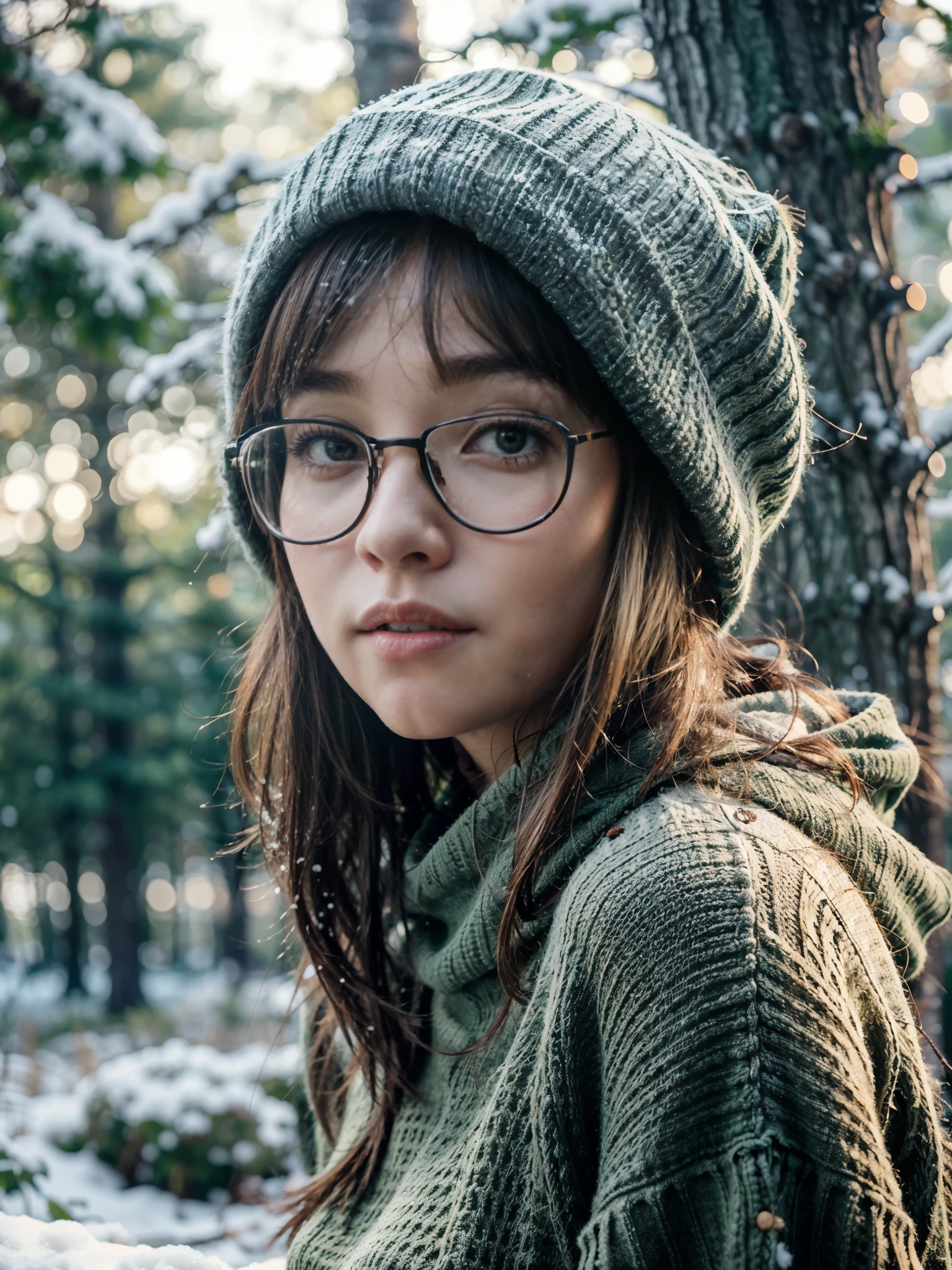 Photorealistic, (close up:1.2), low angle, (seen from below:1.1), a japanese young girls with hood, (long sleeve red sweater:1.2, bottomless), stylish yellow glasses, a hyperrealistic beautiful young girls with natural sagging breast, high detailed official artwork, beautiful girls with slim fit body and busty posture, attractive young girls (seductive poses:1.3, crossed arm hold on the breast), at bench in the natural forest with (snow:1.2), natural background, dubnitskiy david fanart, realistic portrait, smooth photorealistic, perfect visual of a cute girls, cute girls with skinice soft face, look at viewers, makoto shinkai and artgerm, photon mapping, natural light, greeney tones, vivid colors, playful ambient, foggy atmosphere