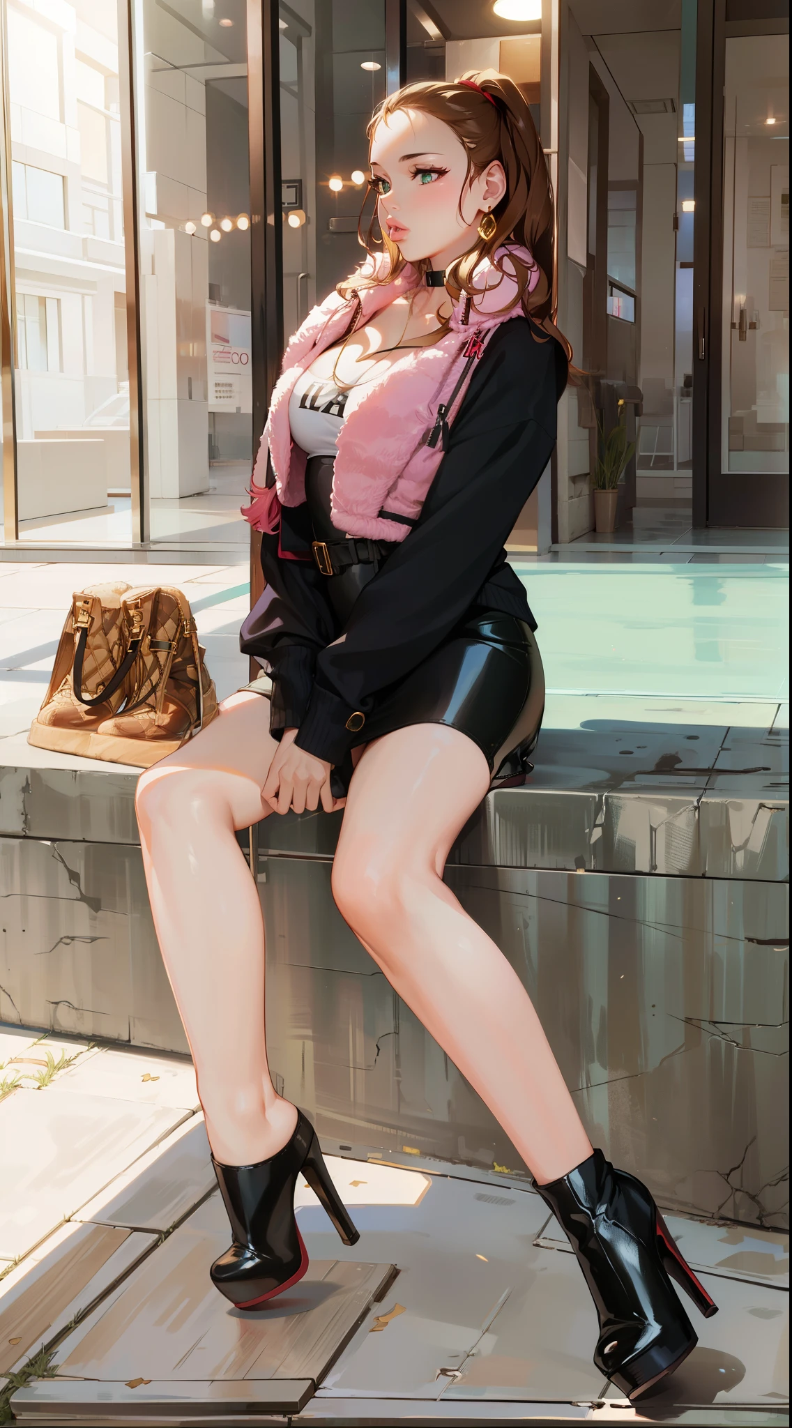 Long boots with heels, same pose, hair down, juicy lips