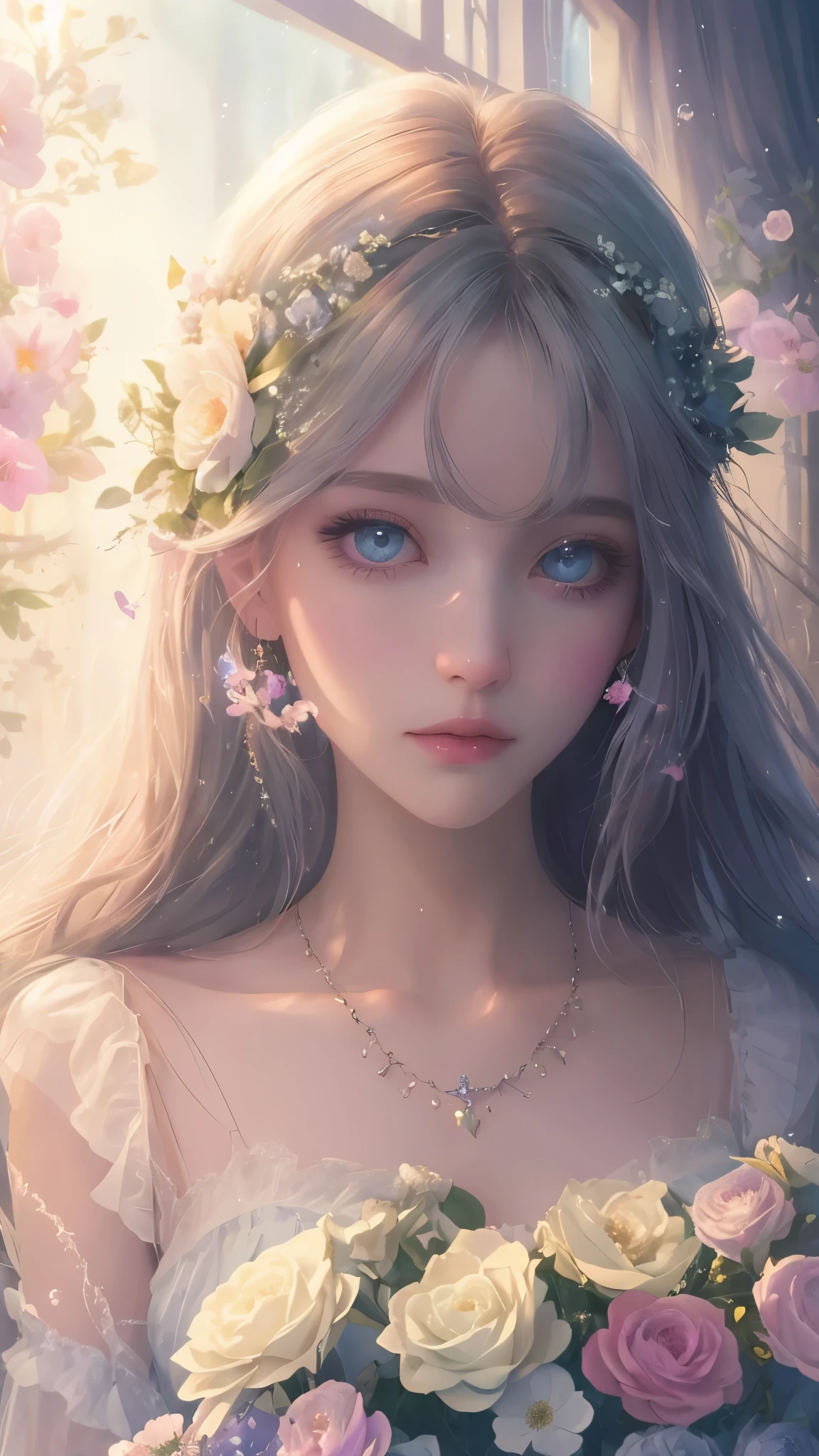 (high quality, 8k), (soft light), Rainbow-colored, one girl, detailed face, fine eyes, watercolor paiting, so magical and dreamy, dreamy and detailed, dreamy atmosphereとドラマ, gorgeous atmosphere, fantastic beautiful lighting, dreamy atmosphere, beautiful atmosphere, dreamy romantic, fantastic dreamy theme, magical atmosphere, beautiful atmosphere, anime background art, magical atmosphere + table top, dreamy aesthetics, Beautiful details with atmosphere, lots of flowers, bubble, water, flower garden