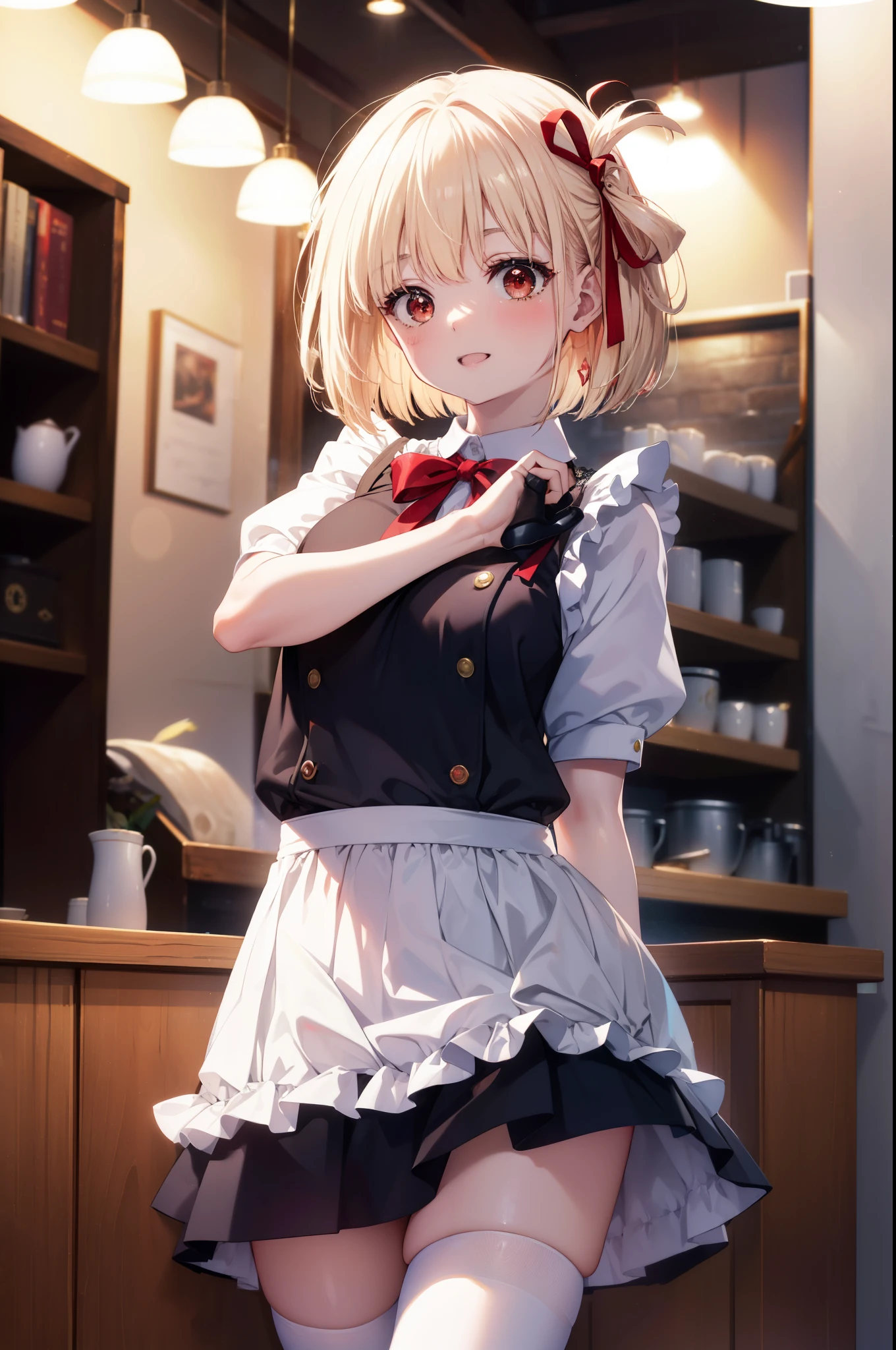 chisatonishikigi, nishikigi chisato, short hair, bangs, blonde hair, (red eyes:1.5), hair ribbon, one side up, bob cut,squinting,mouth open,smile,she was wearing a maid long skirt, white stockings on her legs, and lace gloves,I'm lifting my skirt,
break indoors, coffee shop,
break looking at viewer, (cowboy shot:1.5),
break (masterpiece:1.2), highest quality, High resolution, unity 8k wallpaper, (figure:0.8), (detailed and beautiful eyes:1.6), highly detailed face, perfect lighting, Very detailed CG, (perfect hands, perfect anatomy),