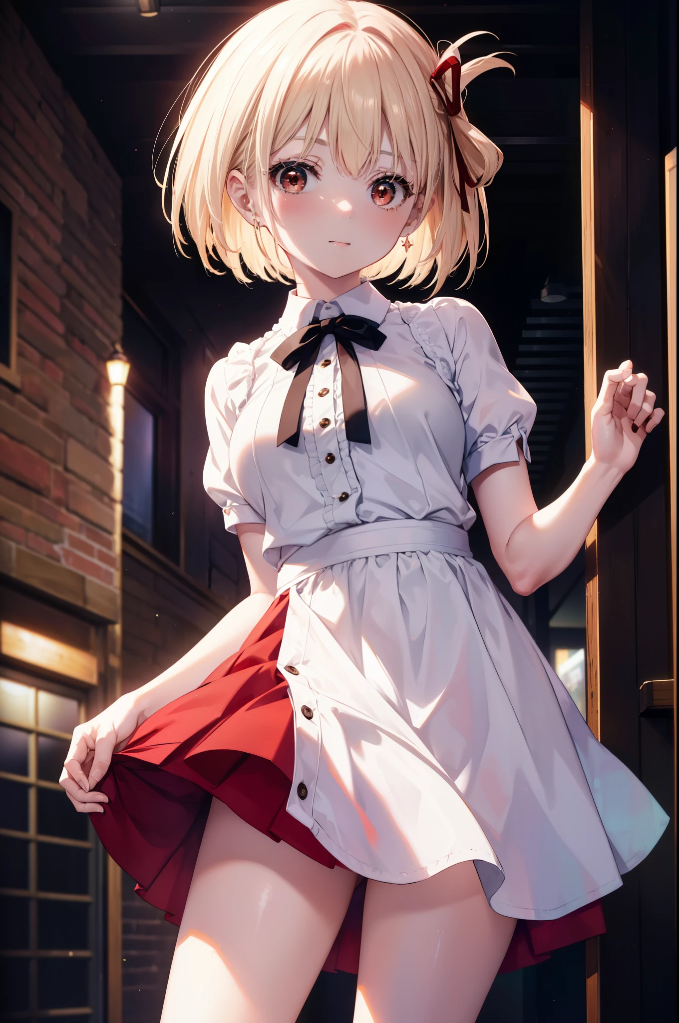 chisatonishikigi, nishikigi chisato, short hair, bangs, blonde hair, (red eyes:1.5), hair ribbon, one side up, bob cut,squinting,mouth open,smile,she was wearing a maid long skirt, white stockings on her legs, and lace gloves,I'm lifting my skirt,
break indoors, coffee shop,
break looking at viewer, (cowboy shot:1.5),
break (masterpiece:1.2), highest quality, High resolution, unity 8k wallpaper, (figure:0.8), (detailed and beautiful eyes:1.6), highly detailed face, perfect lighting, Very detailed CG, (perfect hands, perfect anatomy),