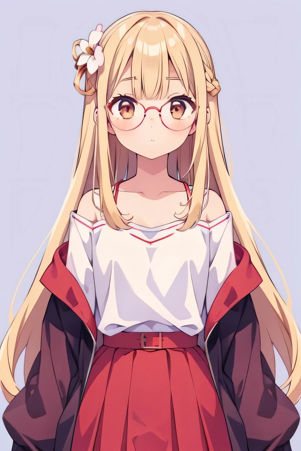 1girl, small, blonde hair, wearing white t-shirt, red skirt, Off The Shoulder Coats jacket, brown eyes, 8k resolutions, best quality, hair ornament on right flower, blue background, wearing round glasses, bangs, long hair, shirt inside jacket, cute face