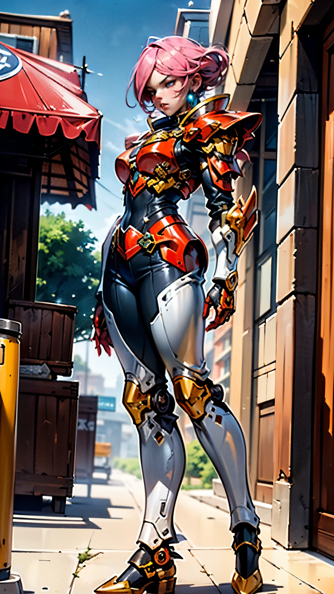 A woman adorned in fantasy-style full-body armor, a crown-concept fully enclosed helmet that unveils only her eyes, a composite layered chest plate, fully encompassing shoulder and hand guards, a lightweight waist armor, form-fitting shin guards, the overall design is heavy-duty yet flexible, ((the armor gleams with a golden glow, complemented by red and blue accents)), exhibiting a noble aura, she floats above a fantasy-surreal high-tech city, this character embodies a finely crafted fantasy-surreal style armored hero in anime style, exquisite and mature manga art style, (Queen bee mixed with Spider concept Armor, plasma, blood), ((Element, energy, elegant, goddess, femminine:1.5)), metallic, high definition, best quality, highres, ultra-detailed, ultra-fine painting, extremely delicate, professional, anatomically correct, symmetrical face, extremely detailed eyes and face, high quality eyes, creativity, RAW photo, UHD, 32k, Natural light, cinematic lighting, masterpiece-anatomy-perfect, masterpiece:1.5