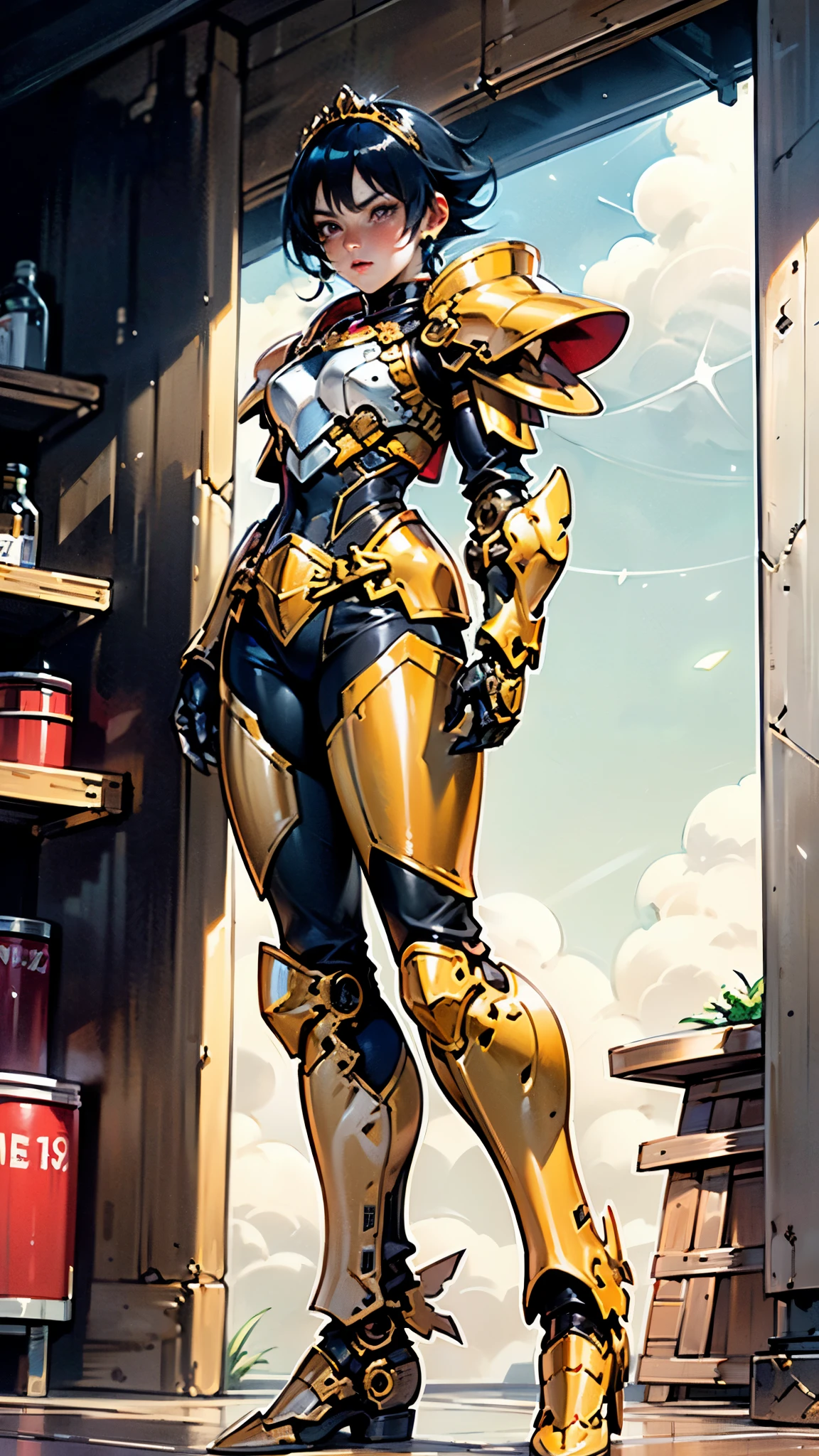 A woman adorned in fantasy-style full-body armor, a crown-concept fully enclosed helmet that unveils only her eyes, a composite layered chest plate, fully encompassing shoulder and hand guards, a lightweight waist armor, form-fitting shin guards, the overall design is heavy-duty yet flexible, ((the armor gleams with a golden glow, complemented by red and blue accents)), exhibiting a noble aura, she floats above a fantasy-surreal high-tech city, this character embodies a finely crafted fantasy-surreal style armored hero in anime style, exquisite and mature manga art style, (Queen bee mixed with Spider concept Armor, plasma, blood), ((Element, energy, elegant, goddess, femminine:1.5)), metallic, high definition, best quality, highres, ultra-detailed, ultra-fine painting, extremely delicate, professional, anatomically correct, symmetrical face, extremely detailed eyes and face, high quality eyes, creativity, RAW photo, UHD, 32k, Natural light, cinematic lighting, masterpiece-anatomy-perfect, masterpiece:1.5