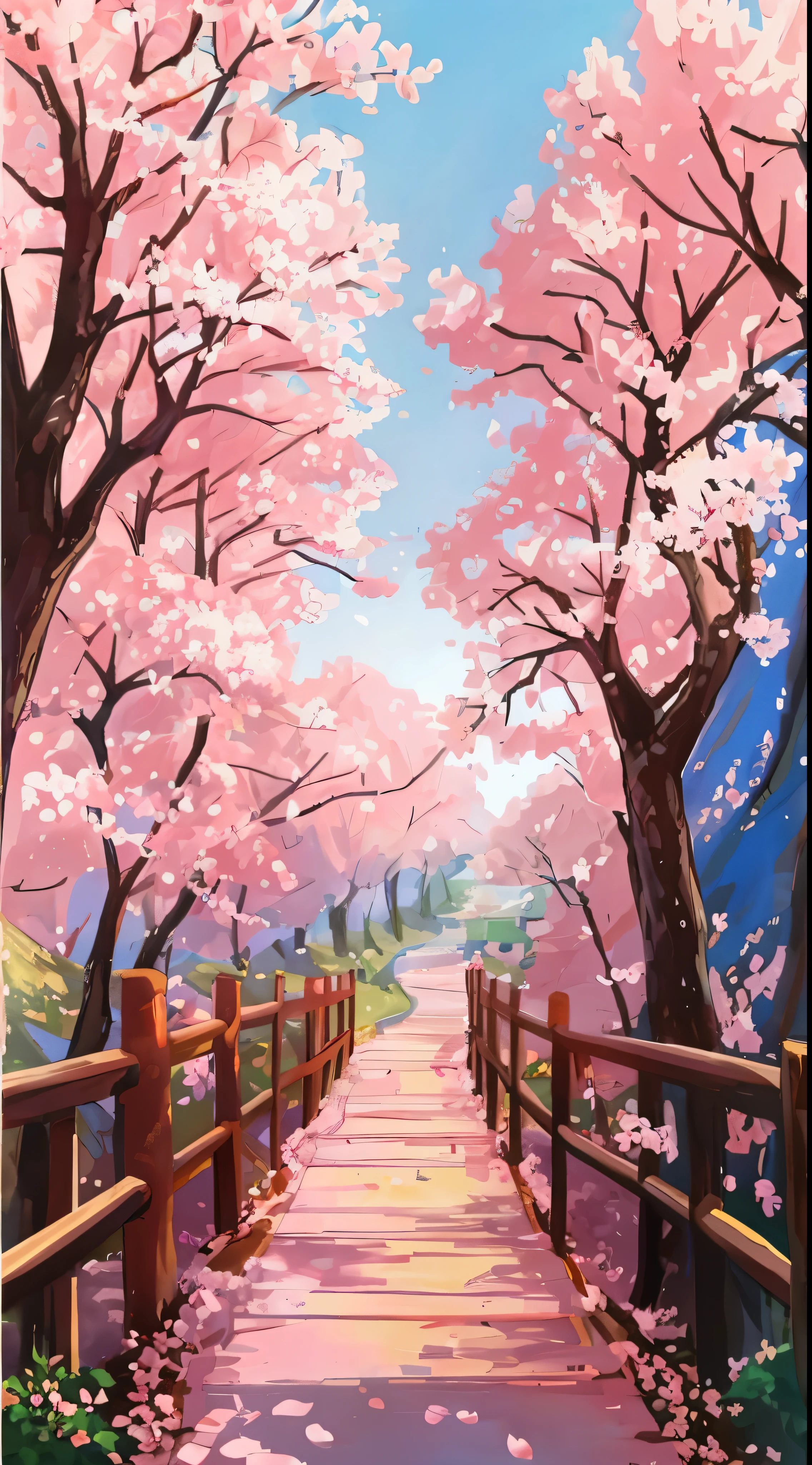 A painting of a path with pink flowers and trees, The flowery road to heaven, Cherry blossoms forest, landscape artwork, pink landscape, Cherry blossoms trees, landscape art detailed, beautiful painting, nature, anime rural scenery, Cherry blossoms tree, Cherry blossoms树, lush Cherry blossoms树, Pink tree next to the big lake, Cherry blossoms, pink forest, beautiful anime scenery