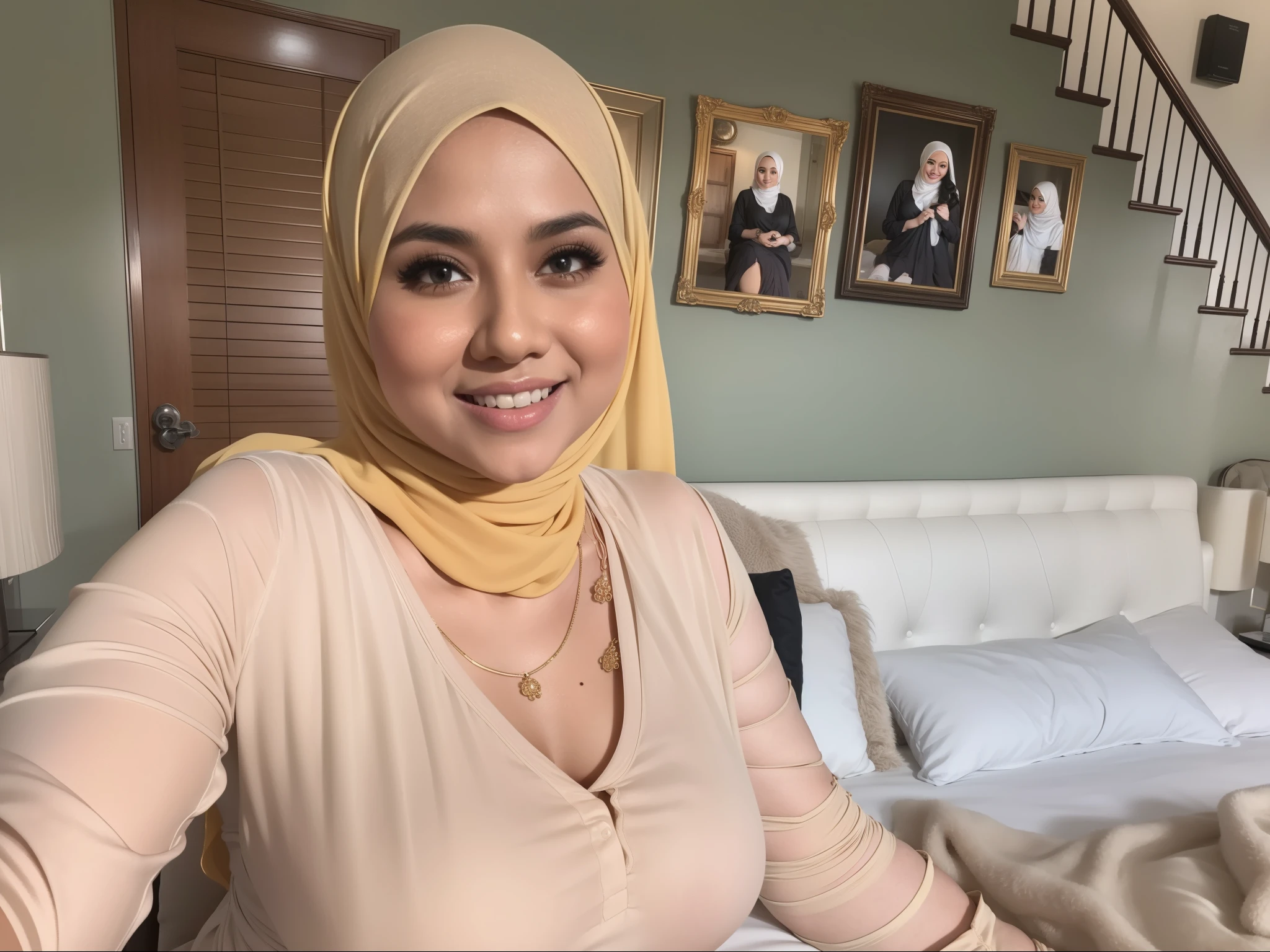 ((HIJAB)), ((YELLOW LINGERIE)), ((SHORT HIJAB)), Portrait photo of a matured chubby malay girl, curvy, (laughing:1.2), hijab,malaysian, posing, look at a camera, nerd, wear white shirt and short pleated skirt, full body, room background, big breast,nighttime, backlit, epic realistic, hyper detailed, detailed skin texture, mole below eye, natural skin texture, mole in body, insane details, intricate details, accent lighting, soft volumetric light, bokeh, (dramatic light:1.2), (neutral colors:1.3), cross process, living room background, ((detailed realistic face and eyes)), good lighting, 8K resolution, Legs Wide Open, spread Legs, lying on bed, Liquid from the Crotch, Blushing, fat,