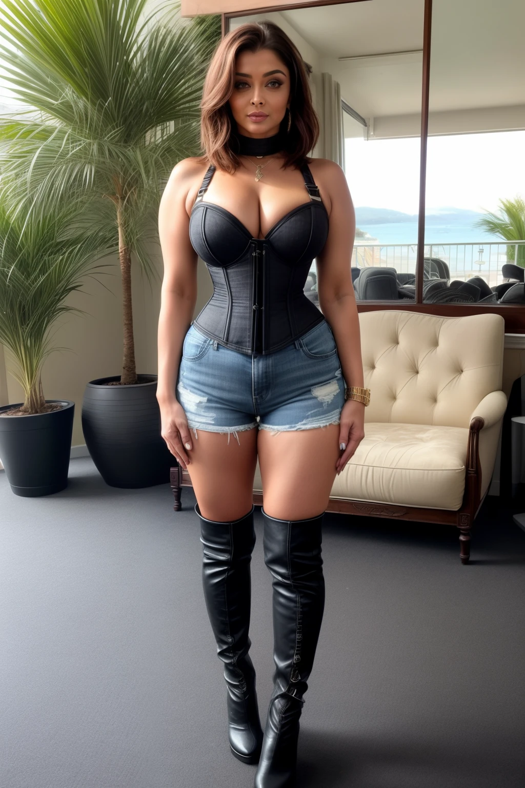 Full body photo of SEXY 50YO MATURE MILF AISHWARYA RAI as FITNESS MODEL, (((removing clothes))), ((black denim shorts with mini corset)), ((high boots)), (((kneeling pose in cannes carpet))), day scene, curvaceous mature hourglass figure, massive cleavage show, look straight at camera, ((bob cut hair)), sexy 50 yo mature MILF, soft volumetric lights, intricate details, (ArtStation:1.2)