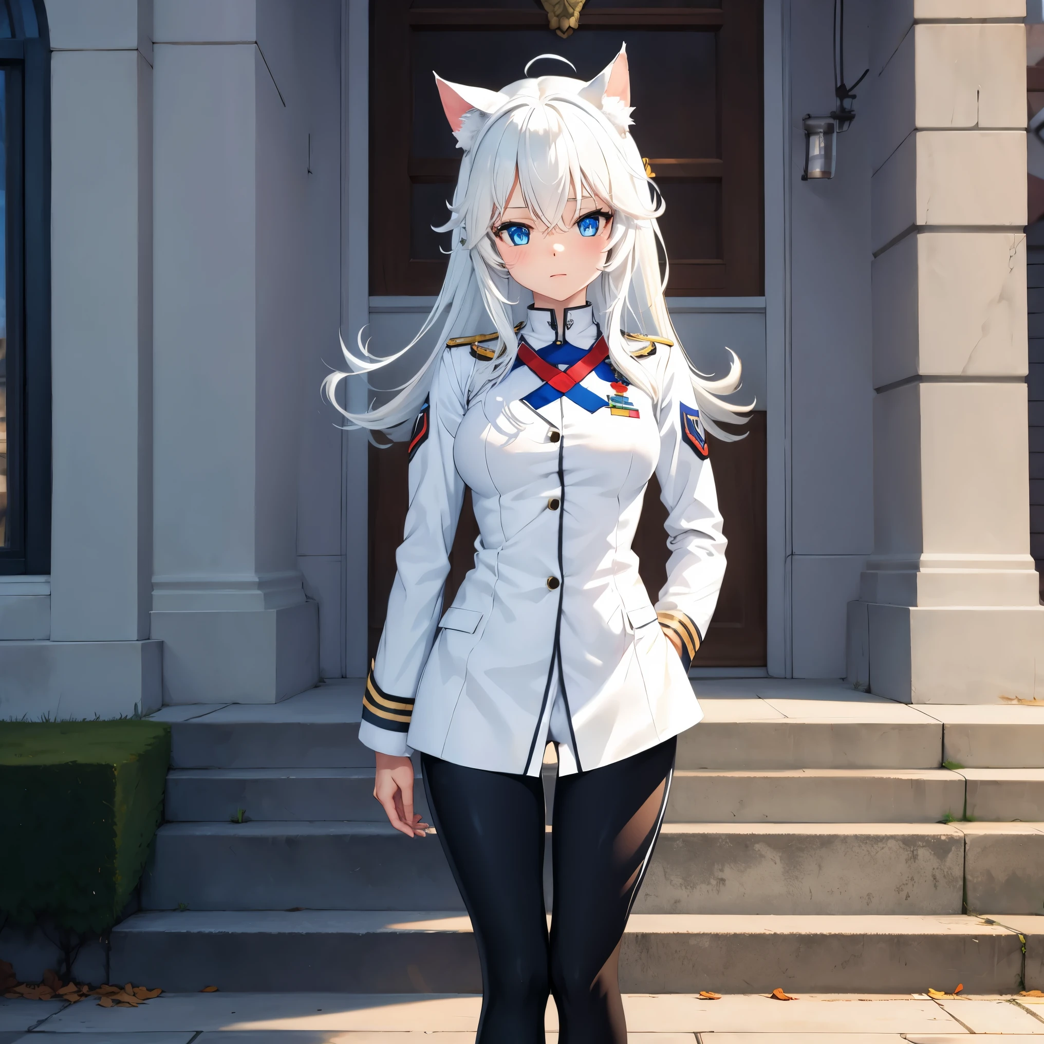 White hair cat girl in soldier uniform leggings