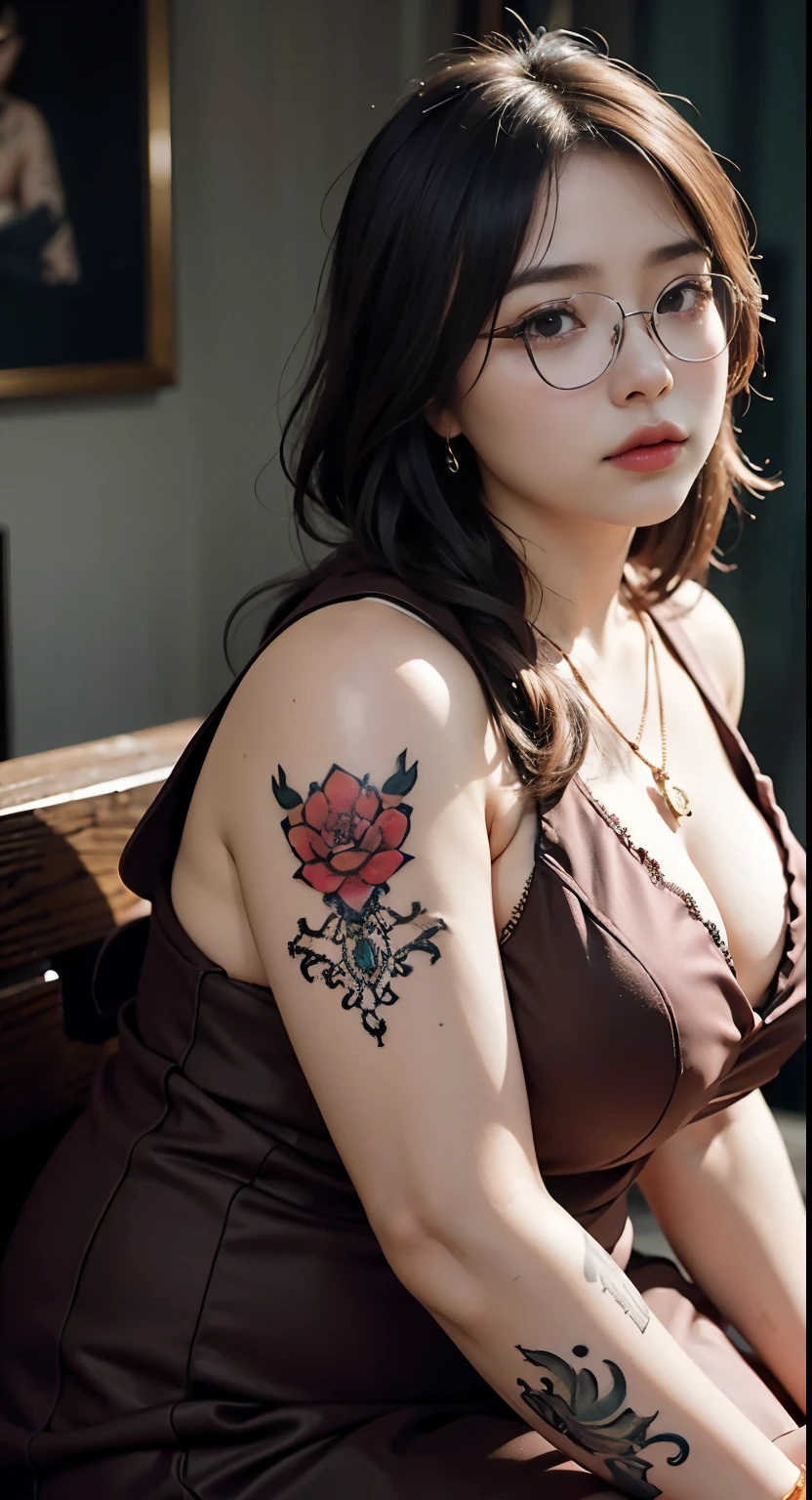 there is a woman sitting down with a longest brown hair, bbwchan, thicc, brown hijab outfit, brown hairstyle model, korean girl, korean woman, wearing brown robe, full length shot, alluring plus sized model, japanese goddess, clothed in hooded, voluptuous and arousing, portrait shot, curvy model, voluptuous body, wonderful, nene tanaka body , bbwchan, The overall atmosphere is smooth , haunting illustrations, extremely high-resolution details, photographic, realism pushed to extreme, fine texture, 4k, ultra-detailed, high quality, high contrast, red sneakers , cold atmosphere ,, cold atmosphere ,, ((Detailed texture of tattooed skin)), tattoo round breasts, irezumi tattoo style, tattoo on breasts, tttattoo, showing her thigh , tattoo on thigh, a close up of a woman with tattoos on her body, inked, tattooed body, fully tattooed body, tattooed, full-body tattoos, full - body tattoos, , full body tattoo, with tattoos, , tattoos, tattoos all over the skin, tattoos and piercings, ((Neka: 0.45)) LoRA, {{Big brother&#39;s tattooed woman Iremuzi tattoo style v1.0: 0.91}},, ((BohoAI v1.0 : 0.45)), bracelet , glasses , necklace 