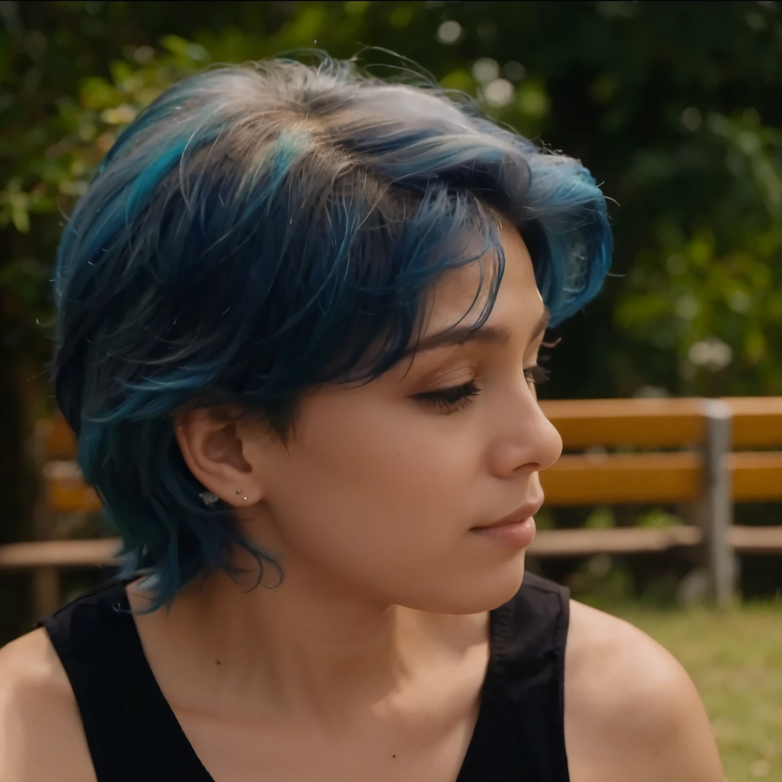 cabelo azul escuro com a raiz levemente preta curto. pele branca e uma regata preta