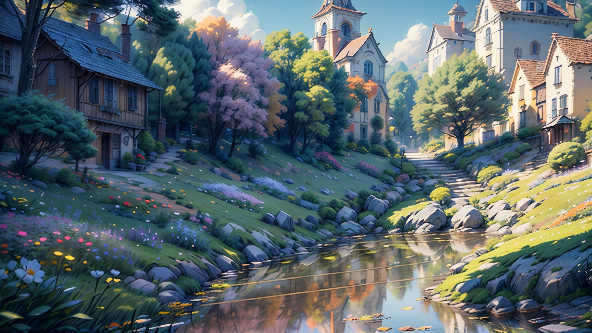 (8K, HD), a little town, a lot of grass, nature, beautiful townscape, perfect reflections, peaceful life, bright sun, flowers blooming, parkways, holiday atmosphere, peaceful atmosphere, cute buildings, cinematic lighting, depth of field, ray tracing, reflection light, (masterpiece:1.2), (best quality)