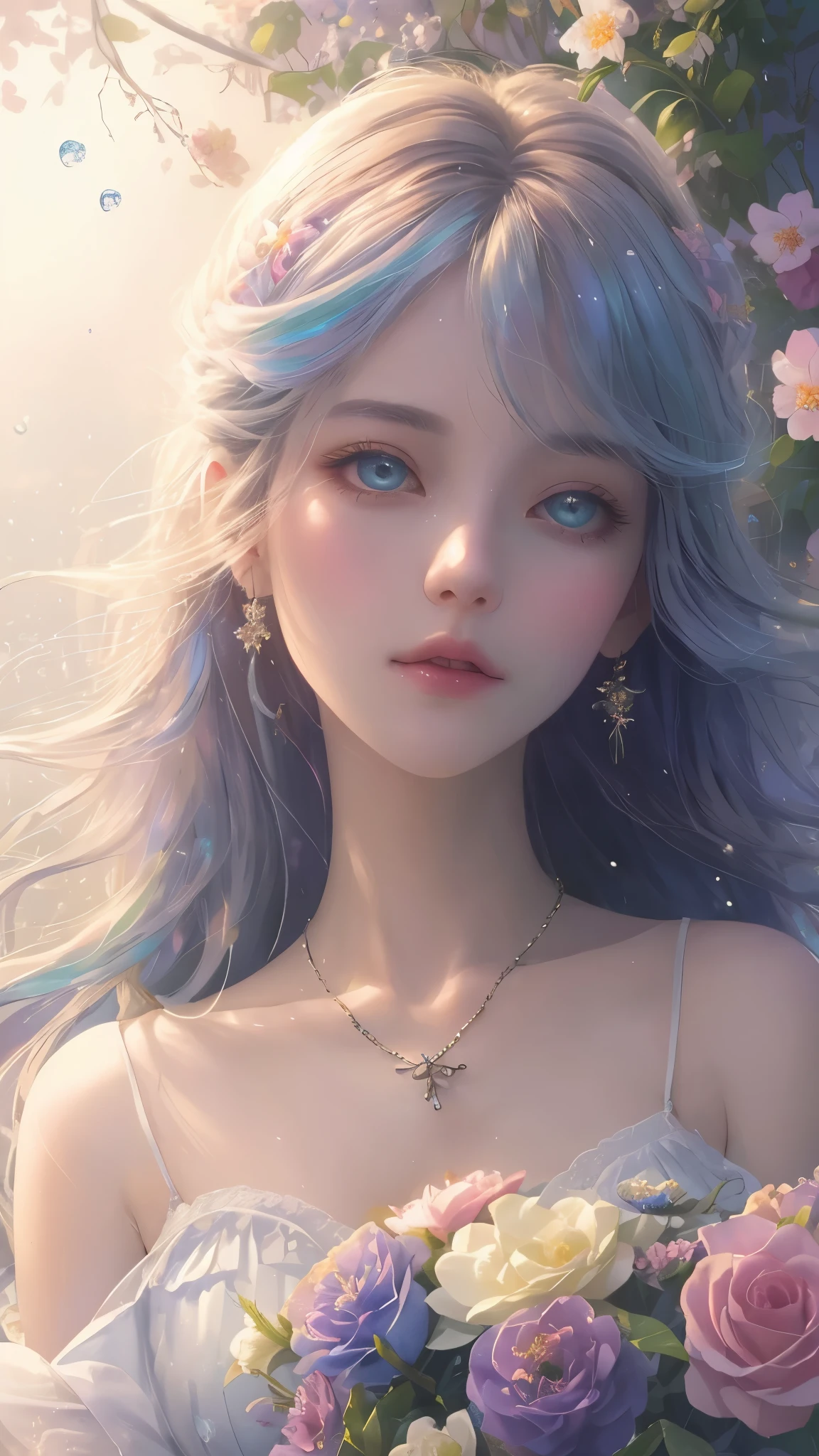 (high quality, 8k), (soft light), Rainbow-colored, one girl, detailed face, fine eyes, watercolor paiting, so magical and dreamy, dreamy and detailed, dreamy atmosphereとドラマ, gorgeous atmosphere, fantastic beautiful lighting, dreamy atmosphere, beautiful atmosphere, dreamy romantic, fantastic dreamy theme, magical atmosphere, beautiful atmosphere, anime background art, magical atmosphere + table top, dreamy aesthetics, Beautiful details with atmosphere, lots of flowers, bubble, water, flower garden