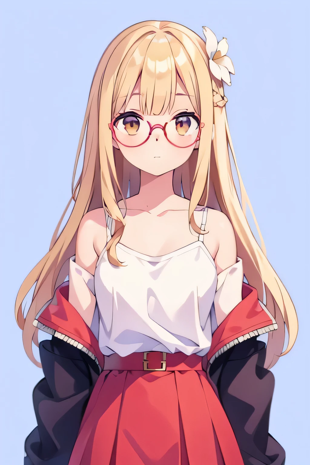 1girl, small, blonde hair, wearing white t-shirt, red skirt, Off The Shoulder Coats jacket, brown eyes, 8k resolutions, best quality, hair ornament on right flower, blue background, wearing round glasses, bangs, long hair, shirt inside jacket, cute face