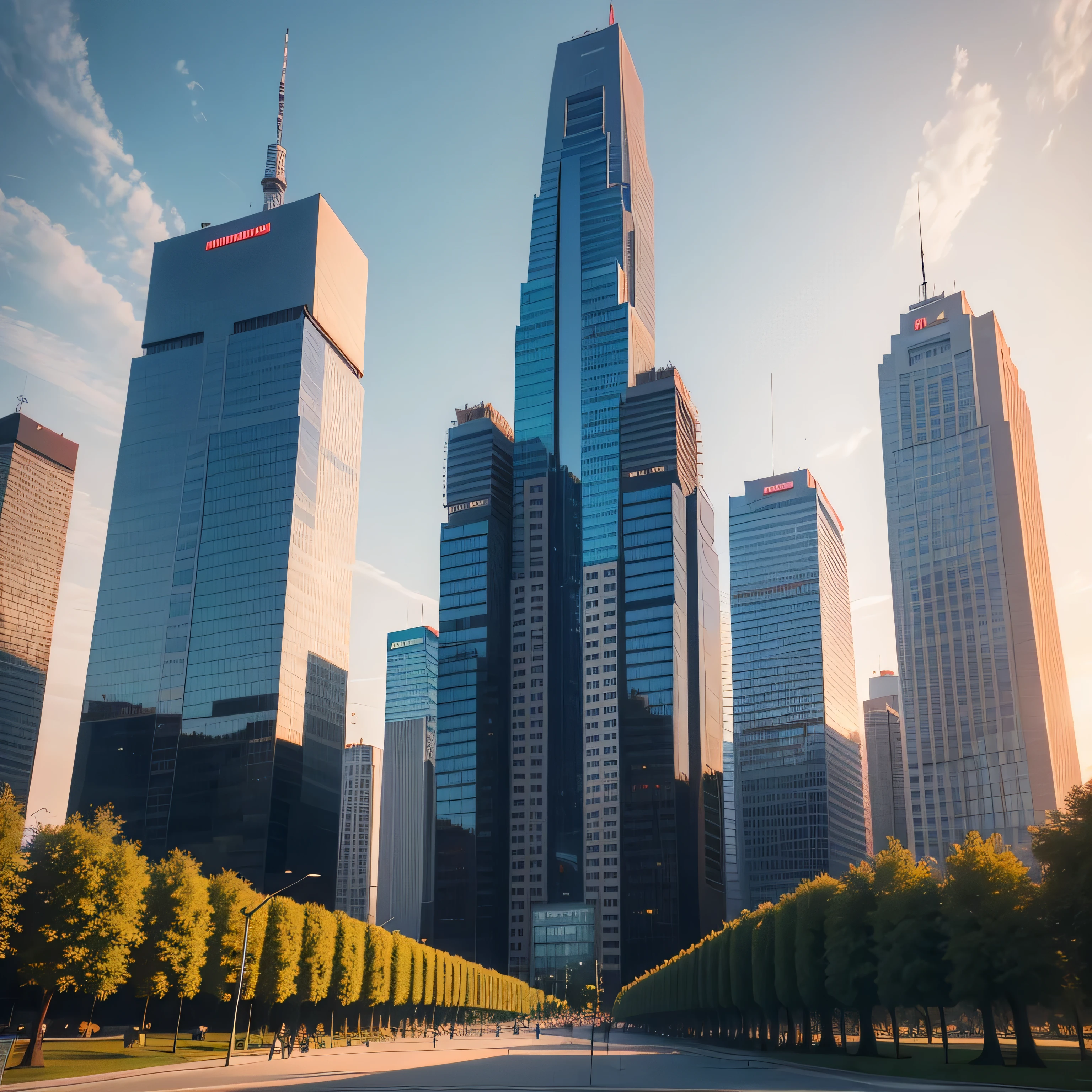 Poland Warszawa skyscraper and parks life in the near future, high tech, street view, Next to the park,, Sunset, parents, 35mm, realism, ultra HD result, 4k, Very detailed - automatic