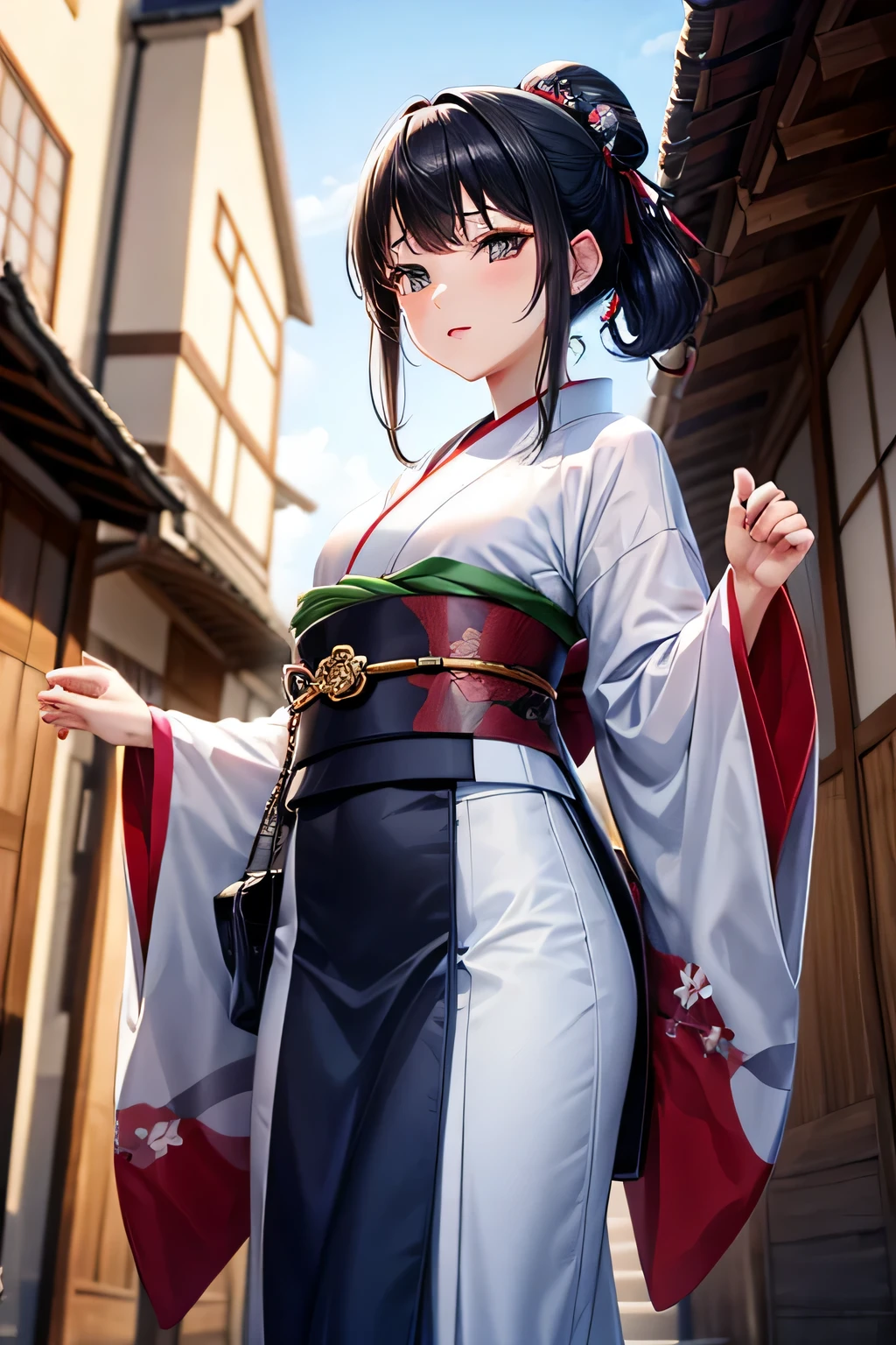 Kimono appearance、Beautiful Female Ninja、Black Hair Upstyle、((whole body))、(((photo taken from below)))、Japan townscape of the Edo period