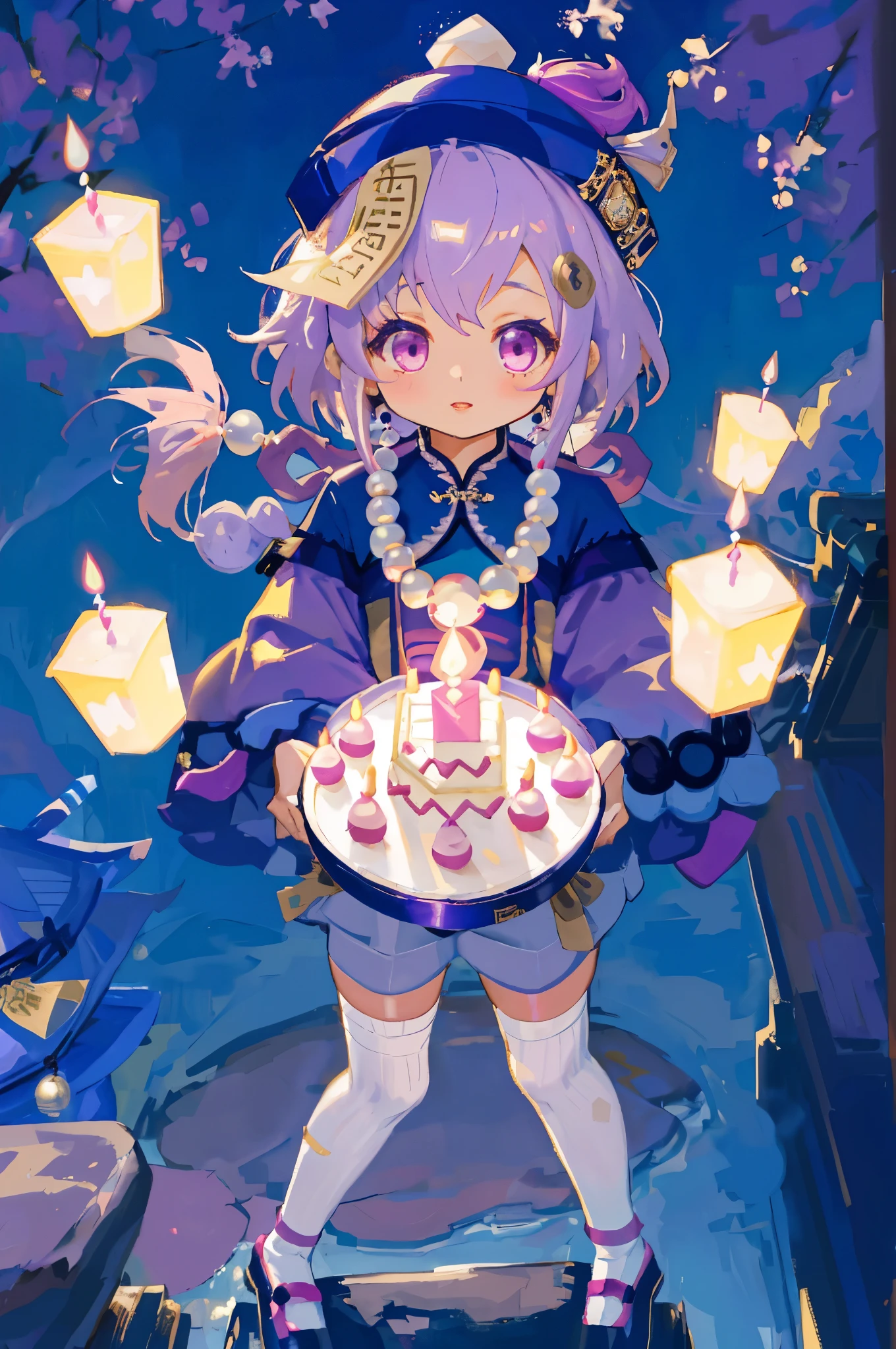 1  chibi girl, light purple hair, dark purple hat, magenta eyes, purple and blue outfit, long white socks, big beads necklace, chinese clothes, holding a birthday cake, old chinese temple