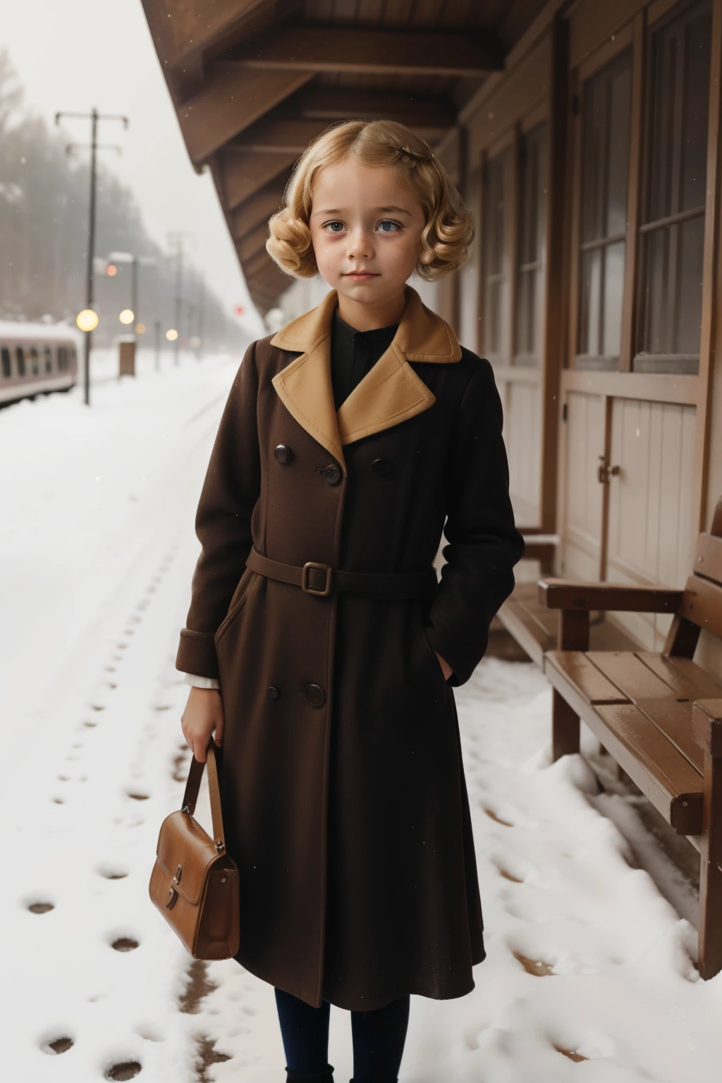 Molching, Germany, 1939. A little ((((9-year-old)) Liesel Meminger)), full body, very thin, kind, big-hearted, ((dangerous dark brown eyes)), in a train platform, snow, cold, (((sad expression, crying big tears))). ((((casual poor girl clothings from the 1930)))), ((honey blond hairstyle of the 1930s))
