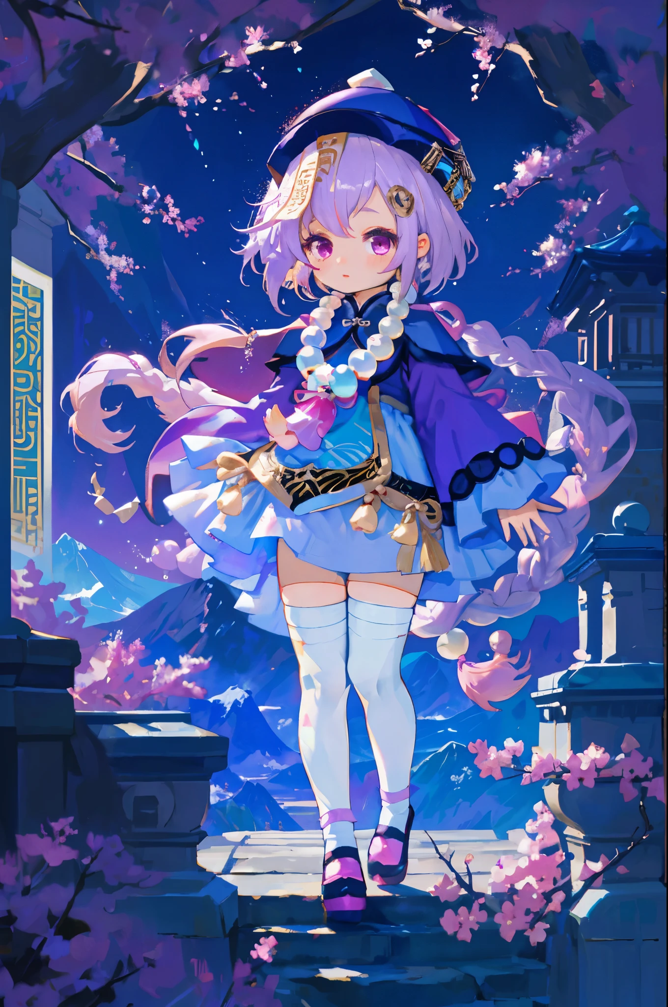 1 little chibi girl, light purple hair, dark purple hat, magenta eyes, purple and blue outfit, long white socks, big beads necklace, chinese clothes,  chinese mountains and flowers