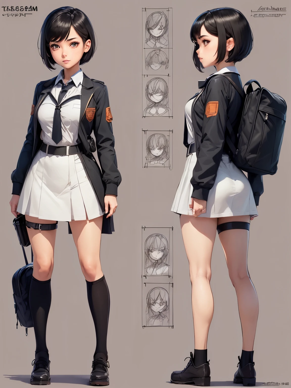 (character design sheet:1.4), (technical diagram:1.4), (masterpiece), (best quality), 1girl, (perfect face:1.2), (beautiful face:1.2), black hair, short hair, school uniform, school bag, happy, high resolution, intricate,