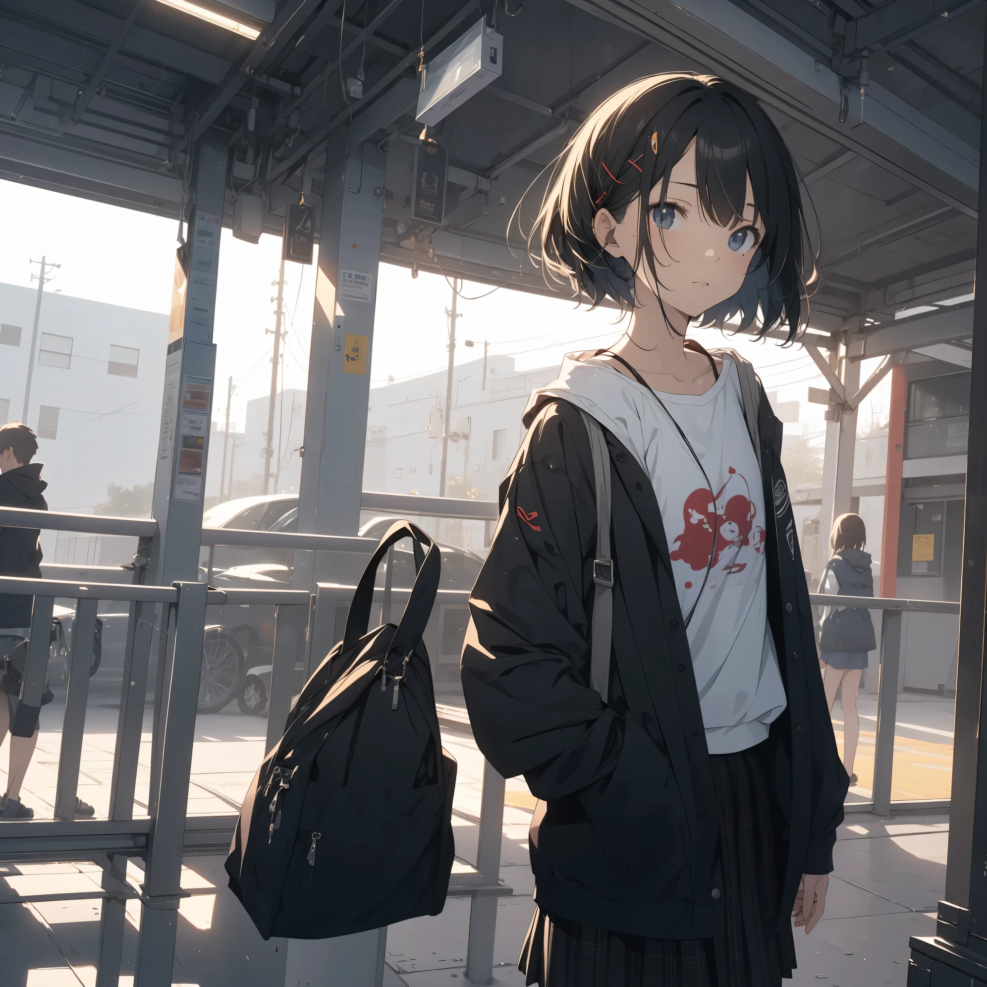 Super absurd quality by the god of art, super detailed, High resolution, anime moe art style, Best Anime 8K Kona-chan Wallpaper, pixiv contest winner, perfect anatomy, break,(眠そうにalone学校へ行く女の子を描いてください. )break,1 girl, (alone,little woman, baby face, 13 years old:1.3),All limbs, full finger,, The charm of an immature body, (very_short hair), bangs, flat chest, Small Bodysuits, small ass, between legs, small black eyes, detailed and beautiful eyes, Well-proportioned iris and pupils, expressive eyes, sleepy eyes, High resolutionの詳細な髪, hair ornaments, skirt, collared shirt,  pleated skirt, school uniform, school bag,(detailed lighting), (detailed background), On the way to school. break,super dense skin, Best movie lighting by famous artists, 8k,cute illustration,photoshop_(Moderate),Absurd Hi-Res,Hmm,rough skin