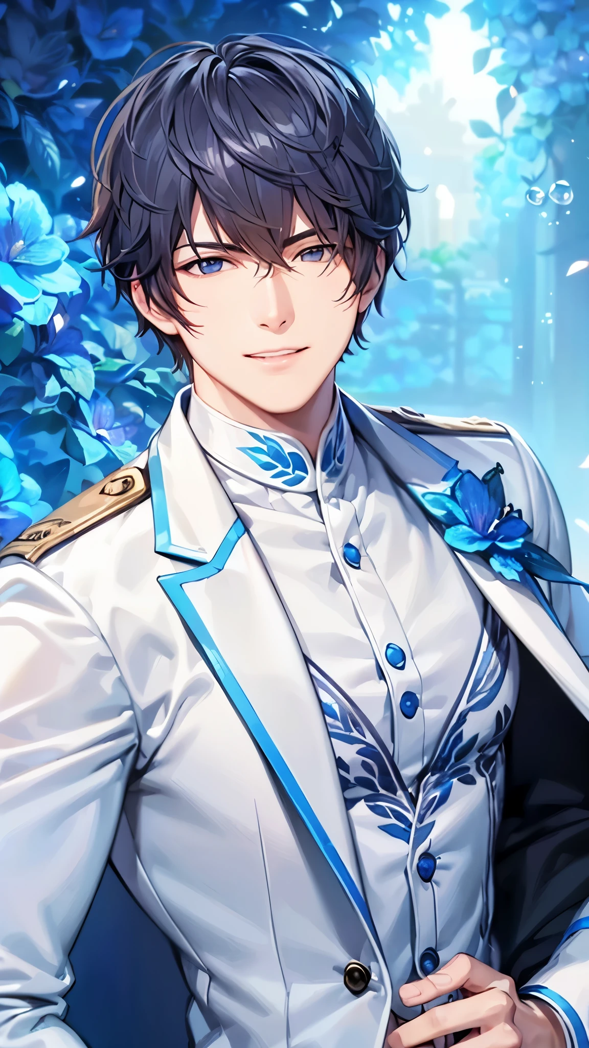 a handsome guy、serious expression、please close your mouth、Fantastic floral background、Highly Detailed CG Unity 8K Wallpaper, (super masterpiece, beautiful person, well detailed face polluted smile, It&#39;s photorealistic, hyper realistic)