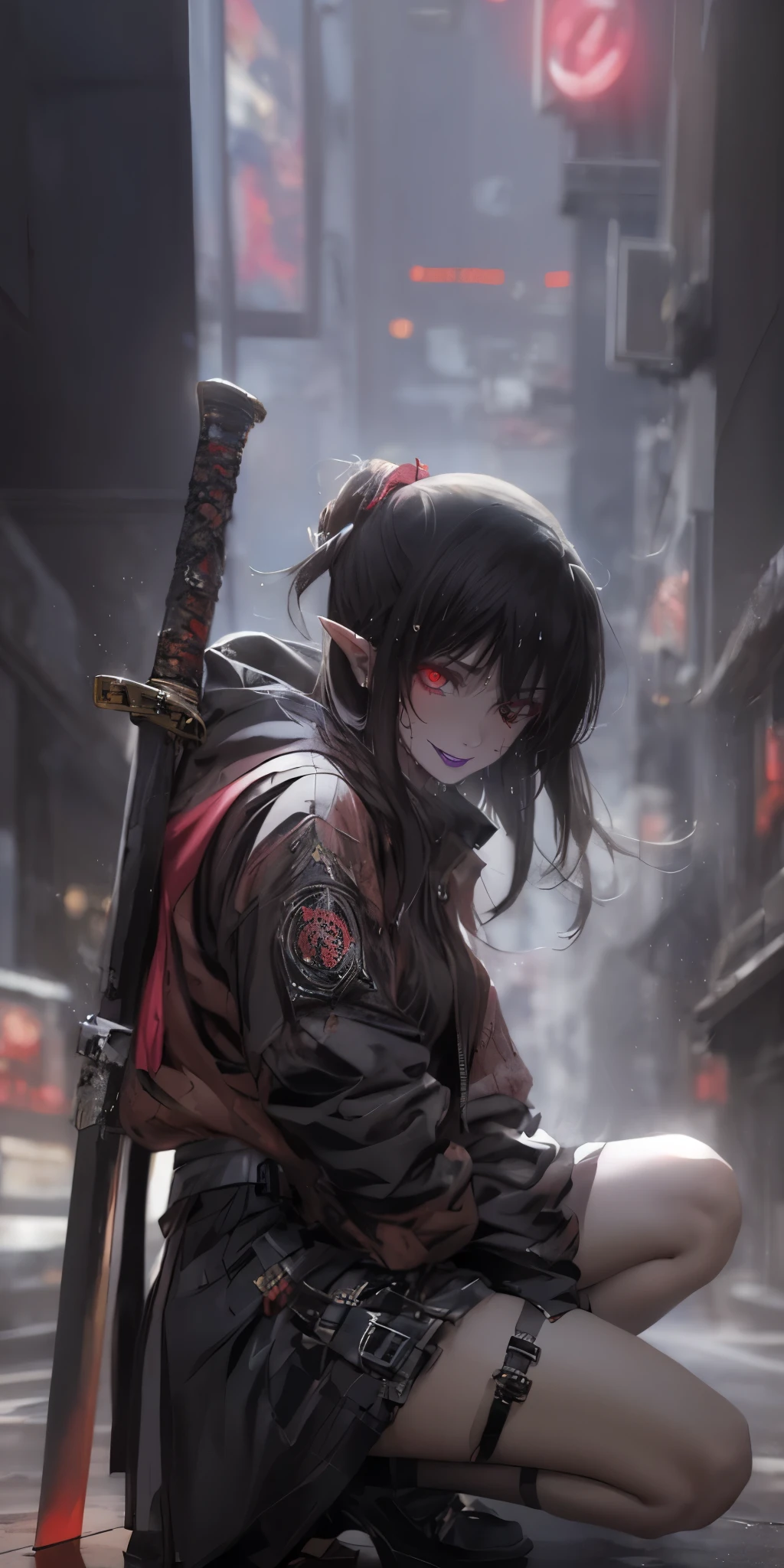 red eyes, pointy ears, long black hair, pink lipstick, makeup, pale skin, anime girl kneeling down with a sword in her hand, badass anime 8 k, artwork in the style of guweiz, ross tran 8 k, cinematic. by leng jun, 2. 5 d cgi anime fantasy artwork, anime style 4 k, ross tran and wlop, very beautiful cyberpunk samurai, guweiz on artstation pixiv