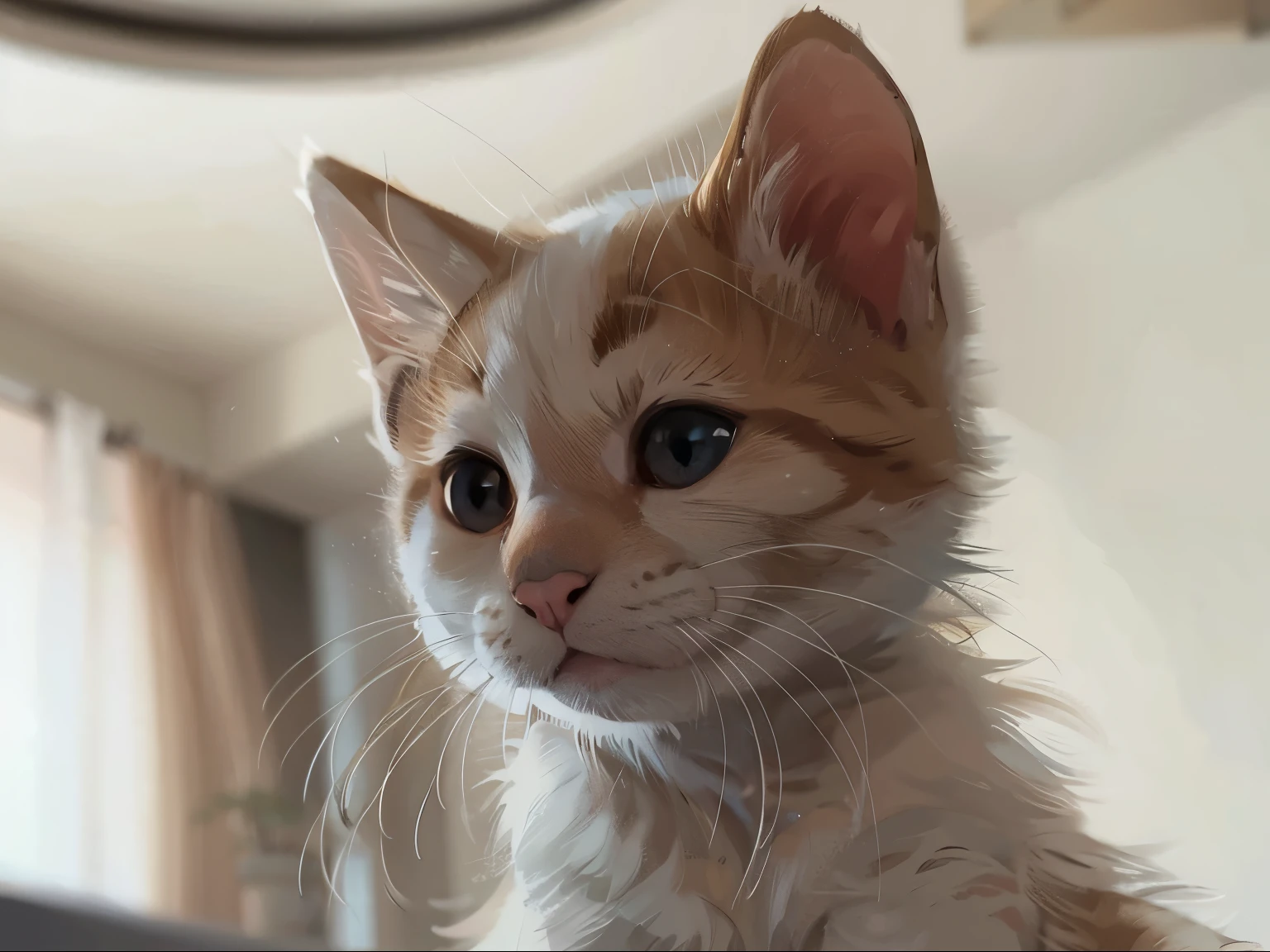 there is a white kitten with a brown nose and a black nose, Cute furries need your help, With cute doting eyes, 一只可爱的小Cat, Beautiful pictures of wandering, Look around him, white ( Cat ) girl, looking directly at camera, looking directly at camera, Have pointed ears, she has a cute face, looking into camera