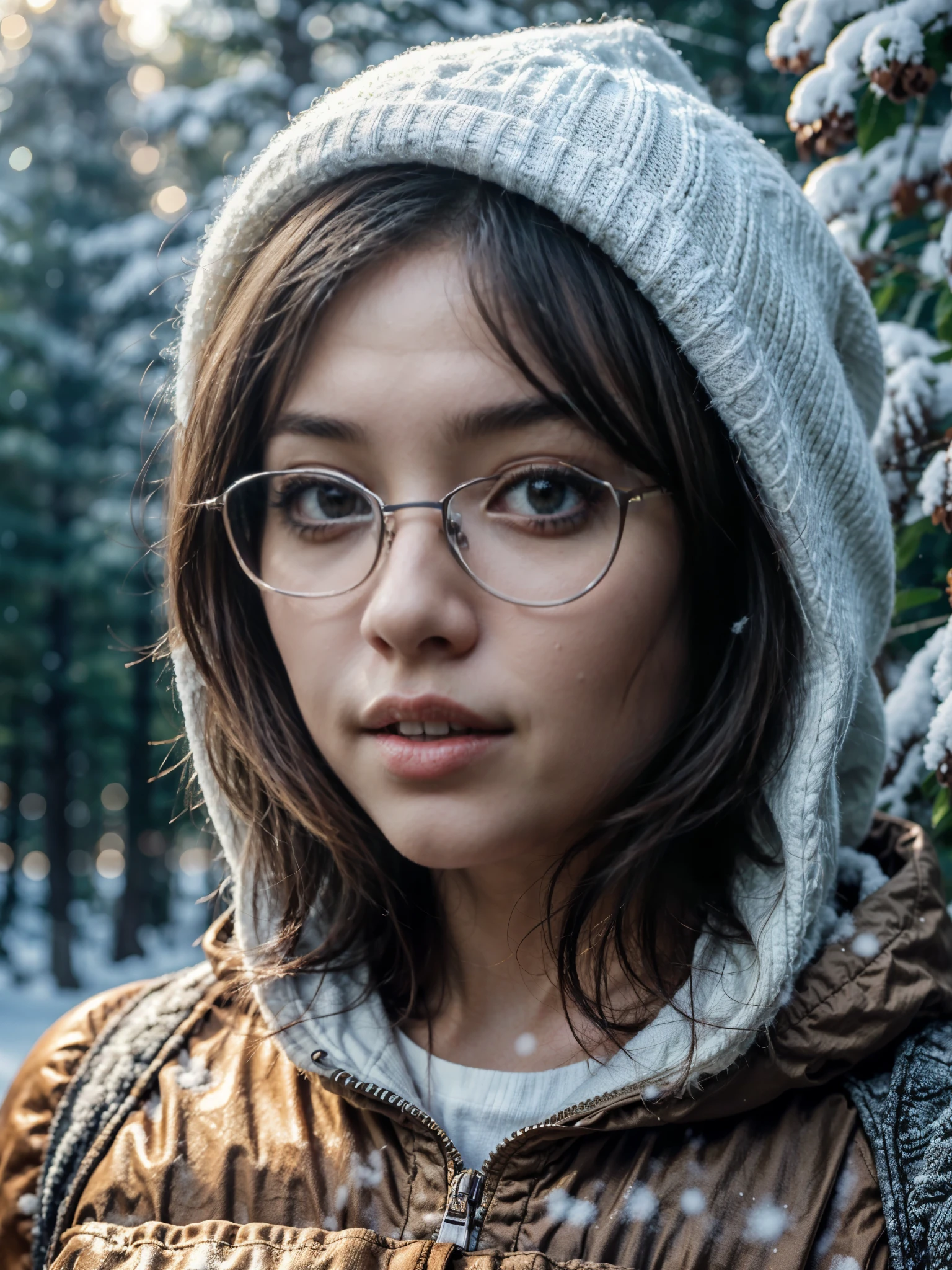 Photorealistic, (close up:1.2), low angle, (seen from below:1.1), a japanese young girls with hood, (long sleeve red tanktop:1.2, bottomless), stylish yellow glasses, a hyperrealistic beautiful young girls with natural sagging breast, high detailed official artwork, beautiful girls with slim fit body and busty posture, attractive young girls (seductive poses:1.3, crossed arm hold on the breast), at bench in the natural forest with (snow:1.2), natural background, dubnitskiy david fanart, realistic portrait, smooth photorealistic, perfect visual of a cute girls, cute girls with skinice soft face, look at viewers, makoto shinkai and artgerm, photon mapping, natural light, greeney tones, vivid colors, playful ambient, foggy atmosphere