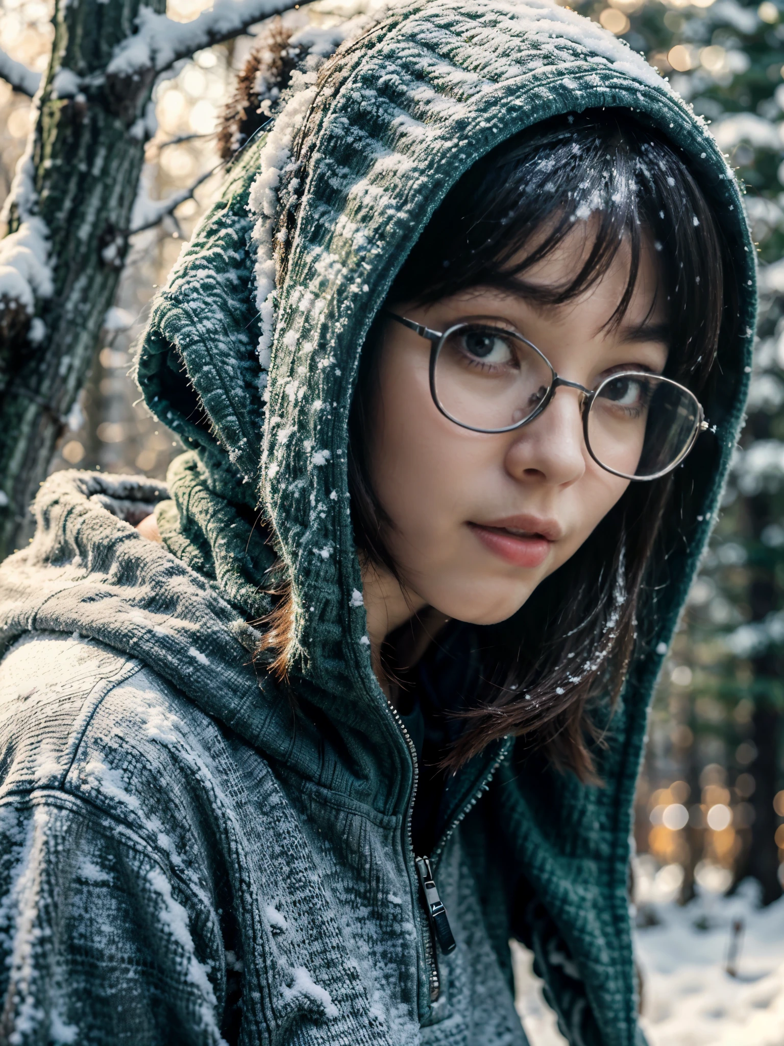 Photorealistic, (close up:1.2), low angle, (seen from below:1.1), a japanese young girls with hood, (long sleeve red tanktop:1.2, bottomless), stylish yellow glasses, a hyperrealistic beautiful young girls with natural sagging breast, high detailed official artwork, beautiful girls with slim fit body and busty posture, attractive young girls (seductive poses:1.3, crossed arm hold on the breast), at bench in the natural forest with (snow:1.2), natural background, dubnitskiy david fanart, realistic portrait, smooth photorealistic, perfect visual of a cute girls, cute girls with skinice soft face, look at viewers, makoto shinkai and artgerm, photon mapping, natural light, greeney tones, vivid colors, playful ambient, foggy atmosphere